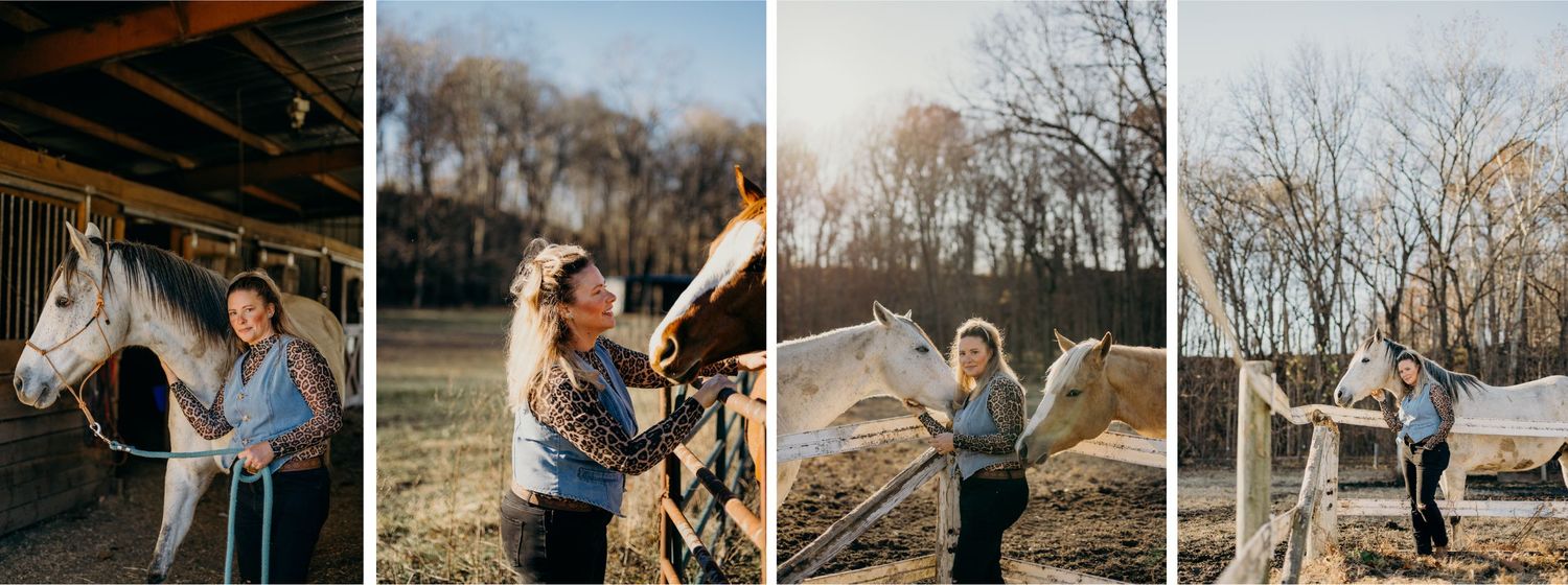 A woman with horses standing in a barn and fenced in area. Rustic and western feel.