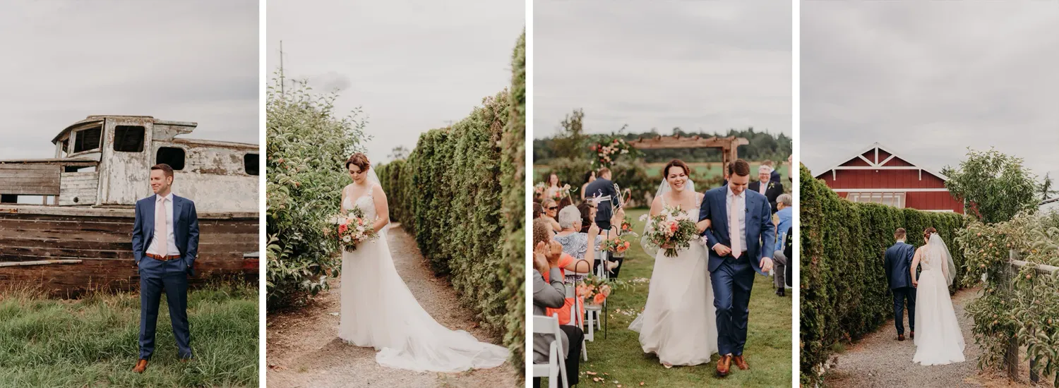 A man and women walking down the isle on their wedding day with coral flowers and an abandoned boat in the background.
