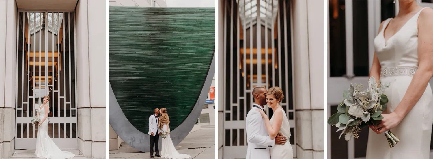 A man and a woman standing in front of a large green sculpture on their wedding day holding each other showing and bouquet. Art Deco Design.