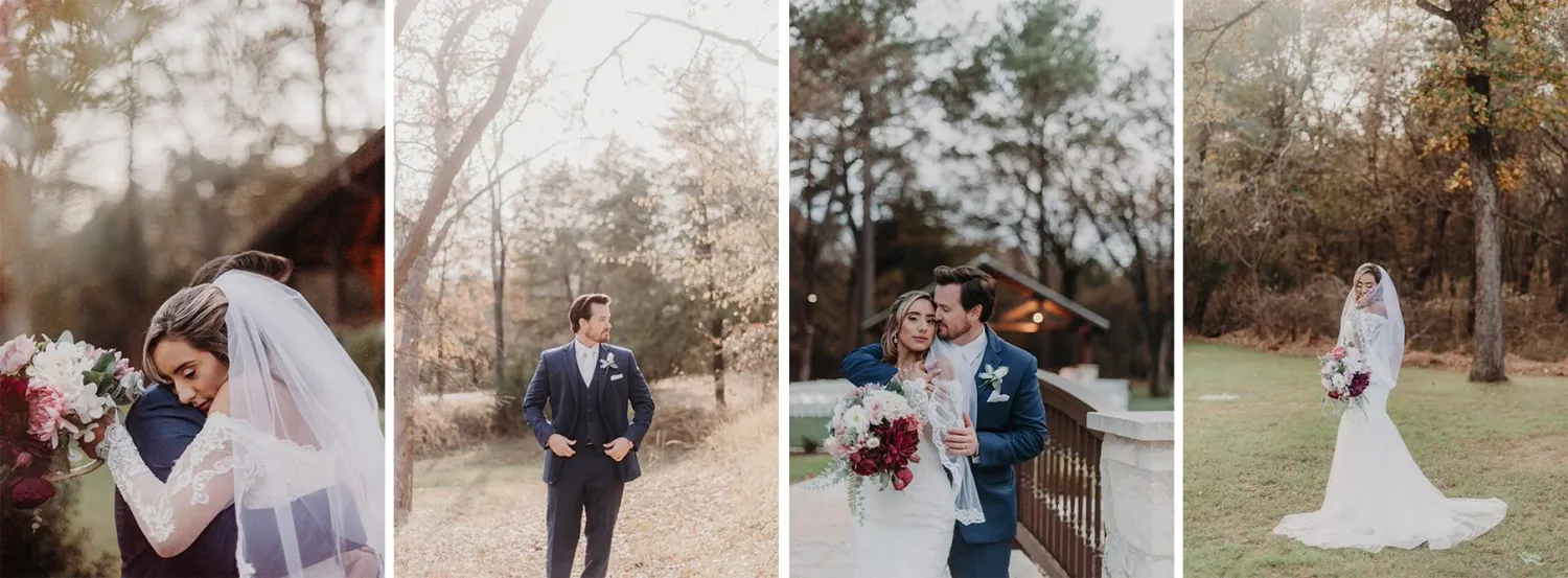 A man and women embracing each other on their wedding day beneath the trees and outdoor gazebo.