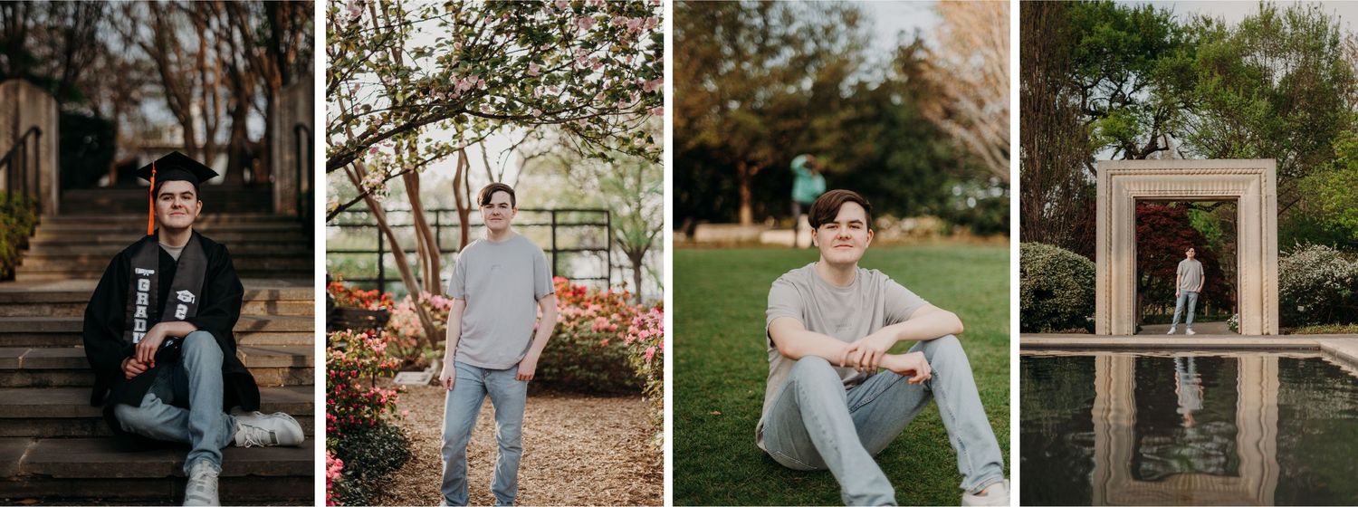 A young man with brown hair sitting on grass in a park for senior photos.