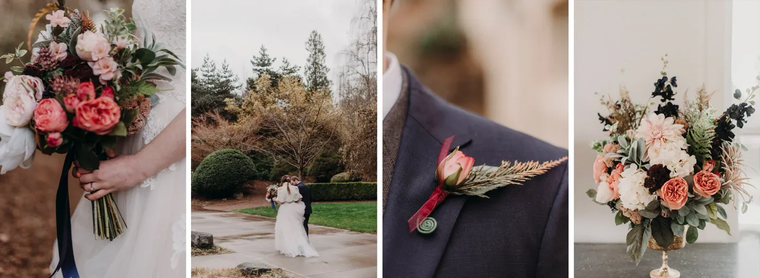 A man and a woman walking away in a wooded path. Coral blooms and deep burgundy florals for fall.