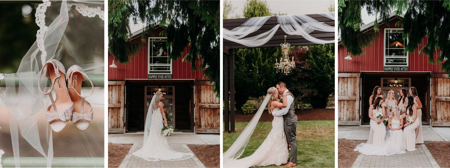 A man and a woman standing in front of a red barn on their wedding day with their bridesmaids and shoes hanging on a rail.