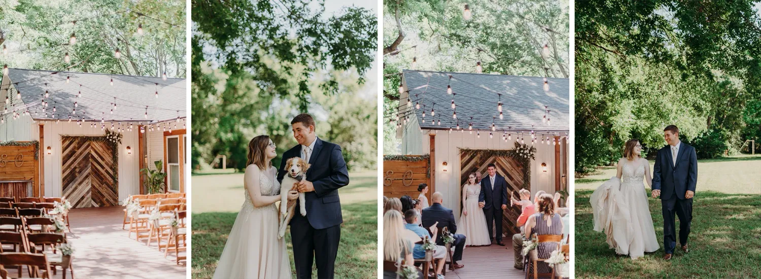 A man and woman on their wedding day walking down the isle in a backyard wedding and in a field holding a dog.