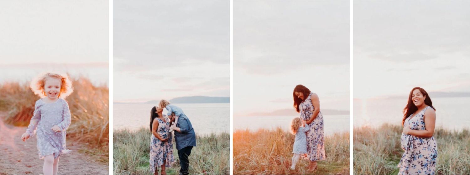 A woman and a young girl sharing a kiss on the cheek by the water at the beach during sunset.