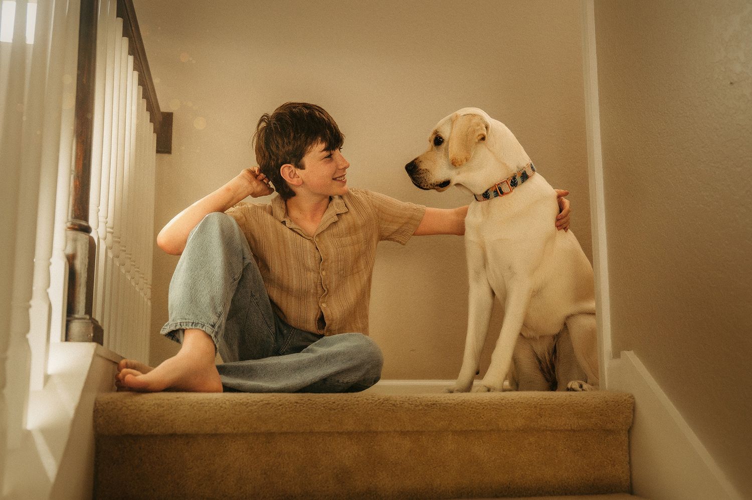 A young boy sits cross-legged on stairs, smiling at a yellow Labrador dog in a warm home setting.
