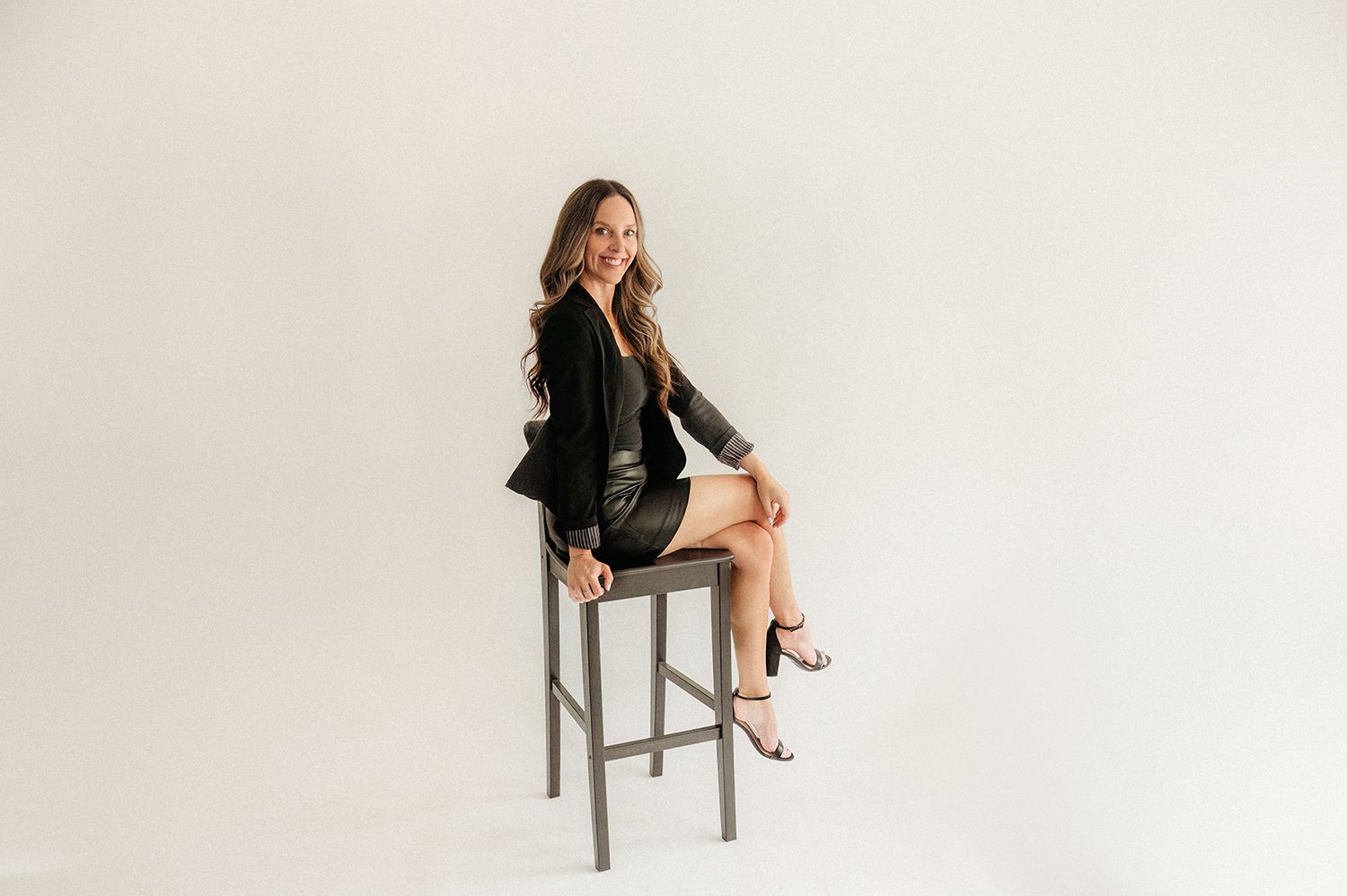 Woman in black blazer and mini skirt sitting on a bar stool, smiling against a white background.