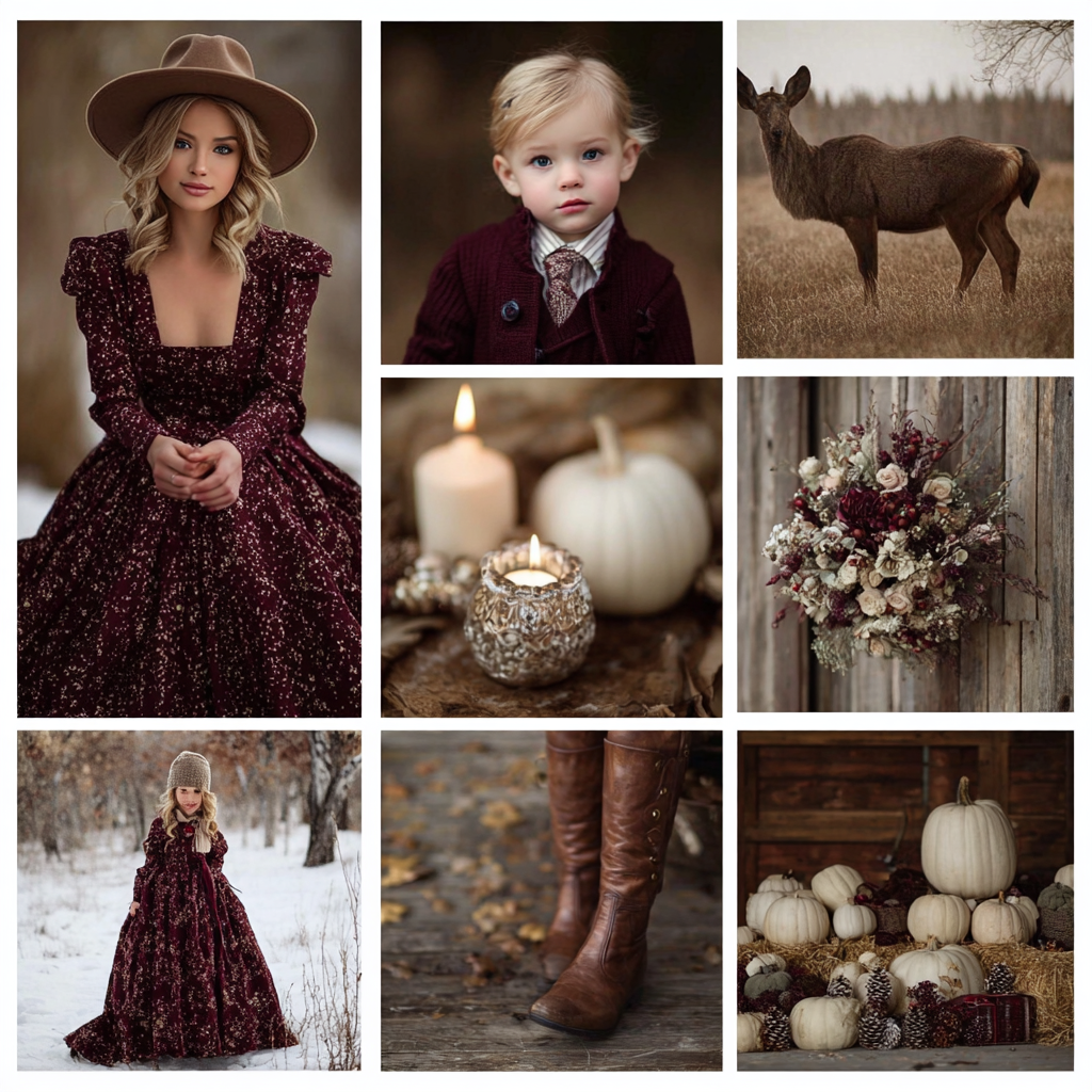 Elegant fall-themed mood board featuring burgundy velvet gowns, white pumpkins, and autumn decor.