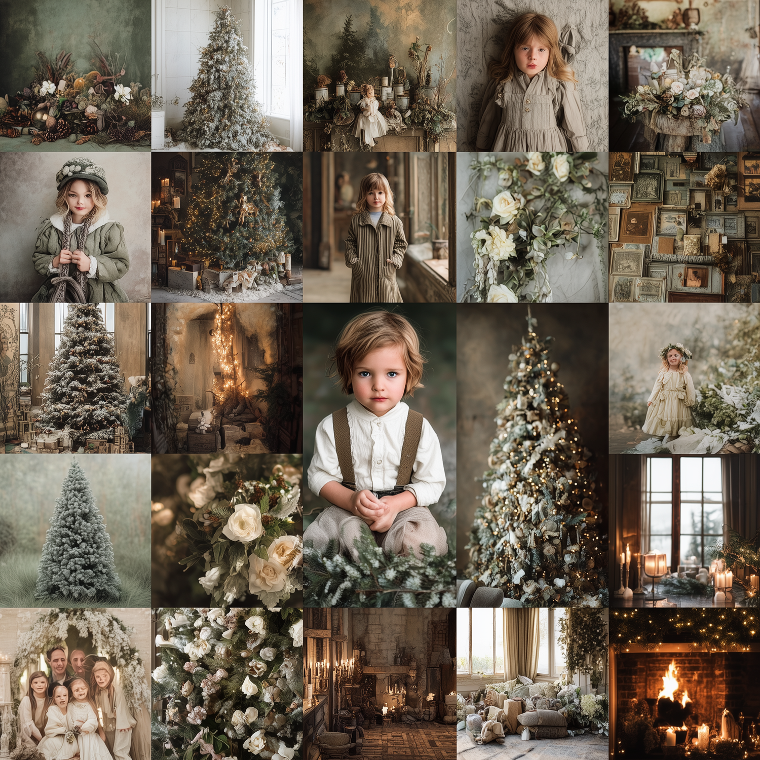 Collage of children in elegant vintage Christmas portrait photography with frosted trees and soft green tones.