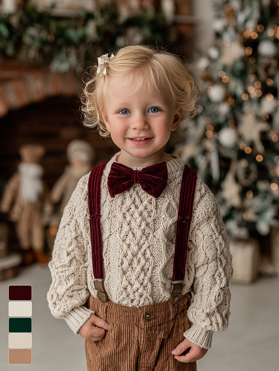 Smiling toddler boy in cream cable knit sweater with burgundy bow tie and suspenders near Christmas tree.