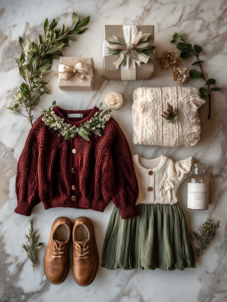 Flat lay of children's holiday outfit with burgundy knit cardigan, green tulle skirt, and brown leather shoes.
