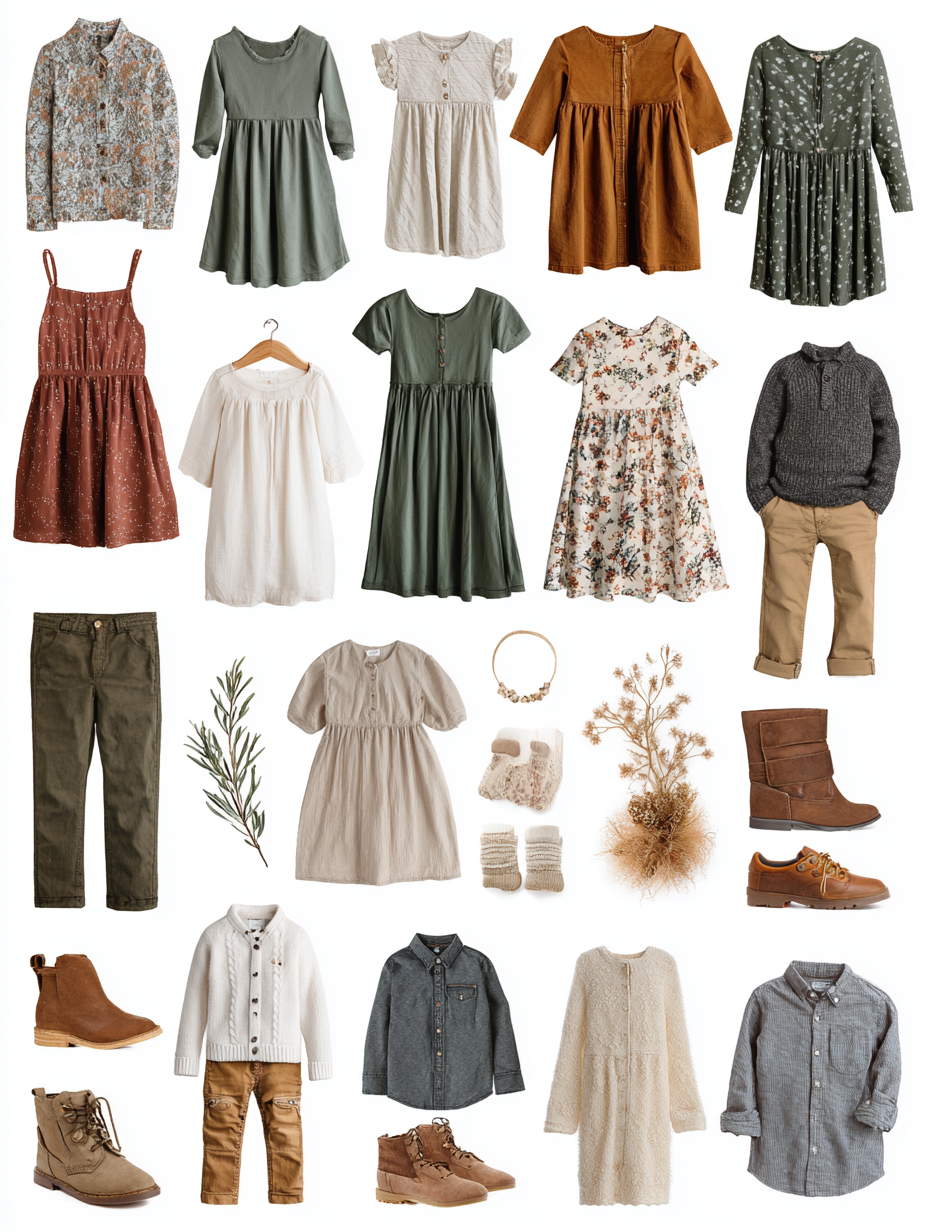 Flat lay style guide of children's fall outfits featuring earth tones, floral dresses, and neutral separates.