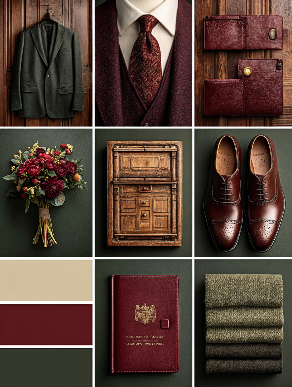 Mood board collage of men's dark green and burgundy accessories, shoes, suit, and color palette swatches.