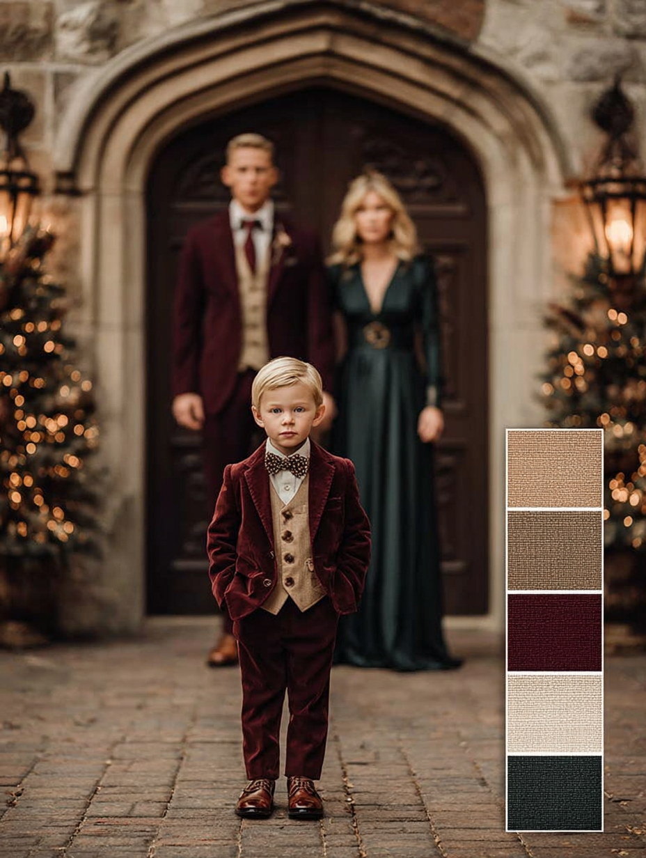 Young boy in burgundy velvet suit with bow tie stands before castle doors with parents at Christmas.