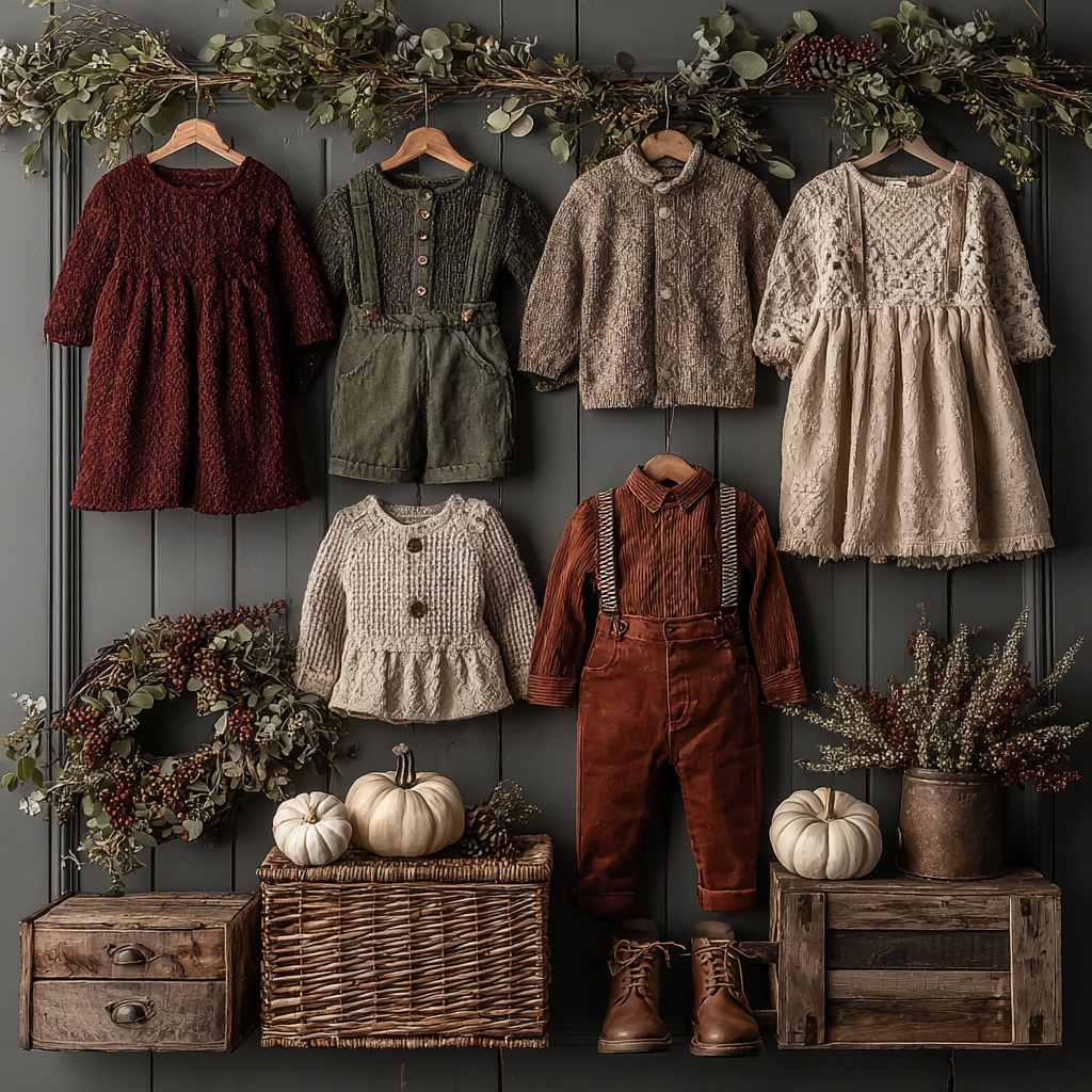 Autumn-inspired children's clothing display with rustic wooden crates, pumpkins, and fall foliage.