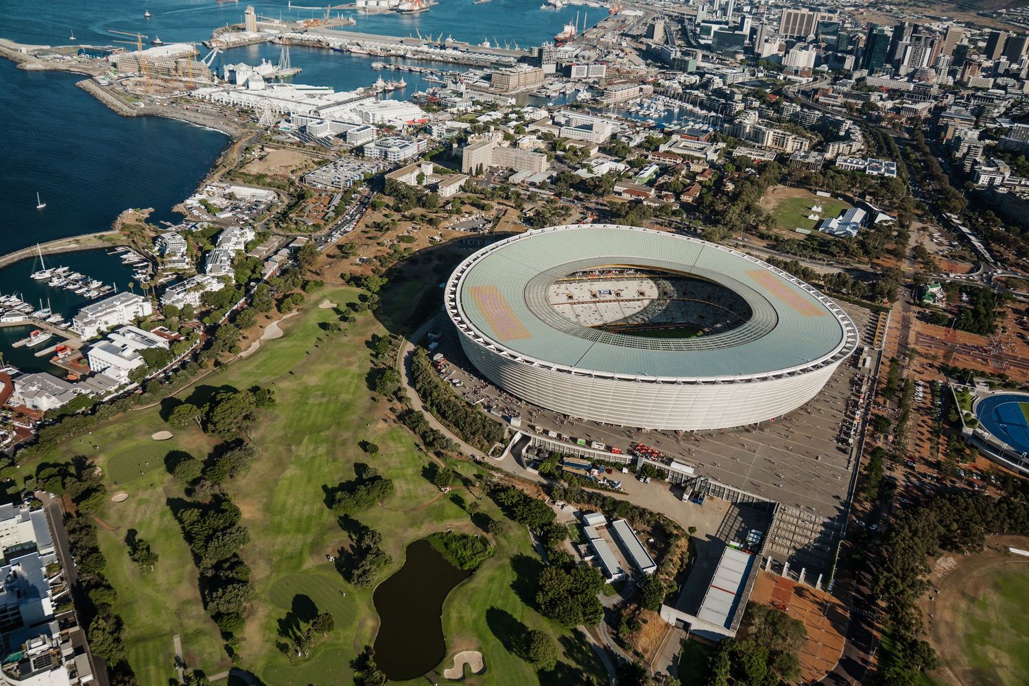 Aerial view of Cape Town Stadium and the surrounding Green Point area, captured through professional event photography.