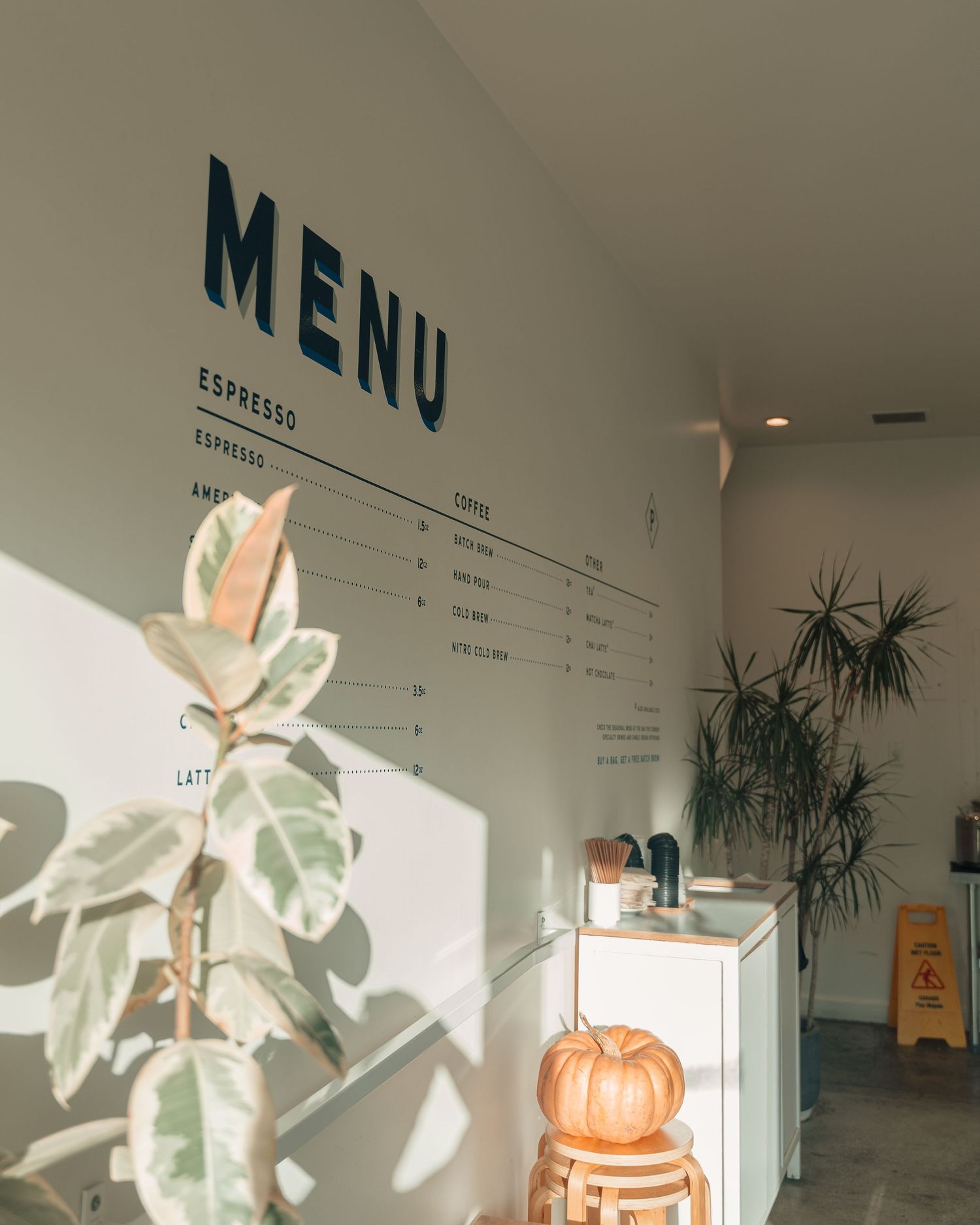 Bright minimalist coffee shop interior with wall menu, tropical plants, and pumpkin decoration.