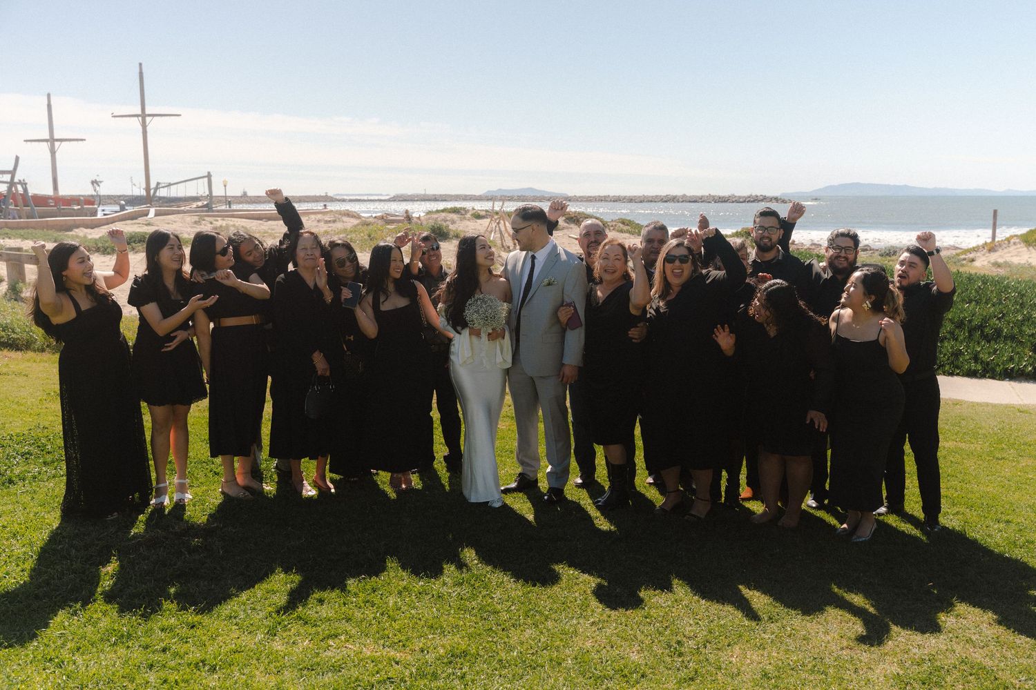 Bride and groom surrounded by wedding party in black on sunny coastal lawn.