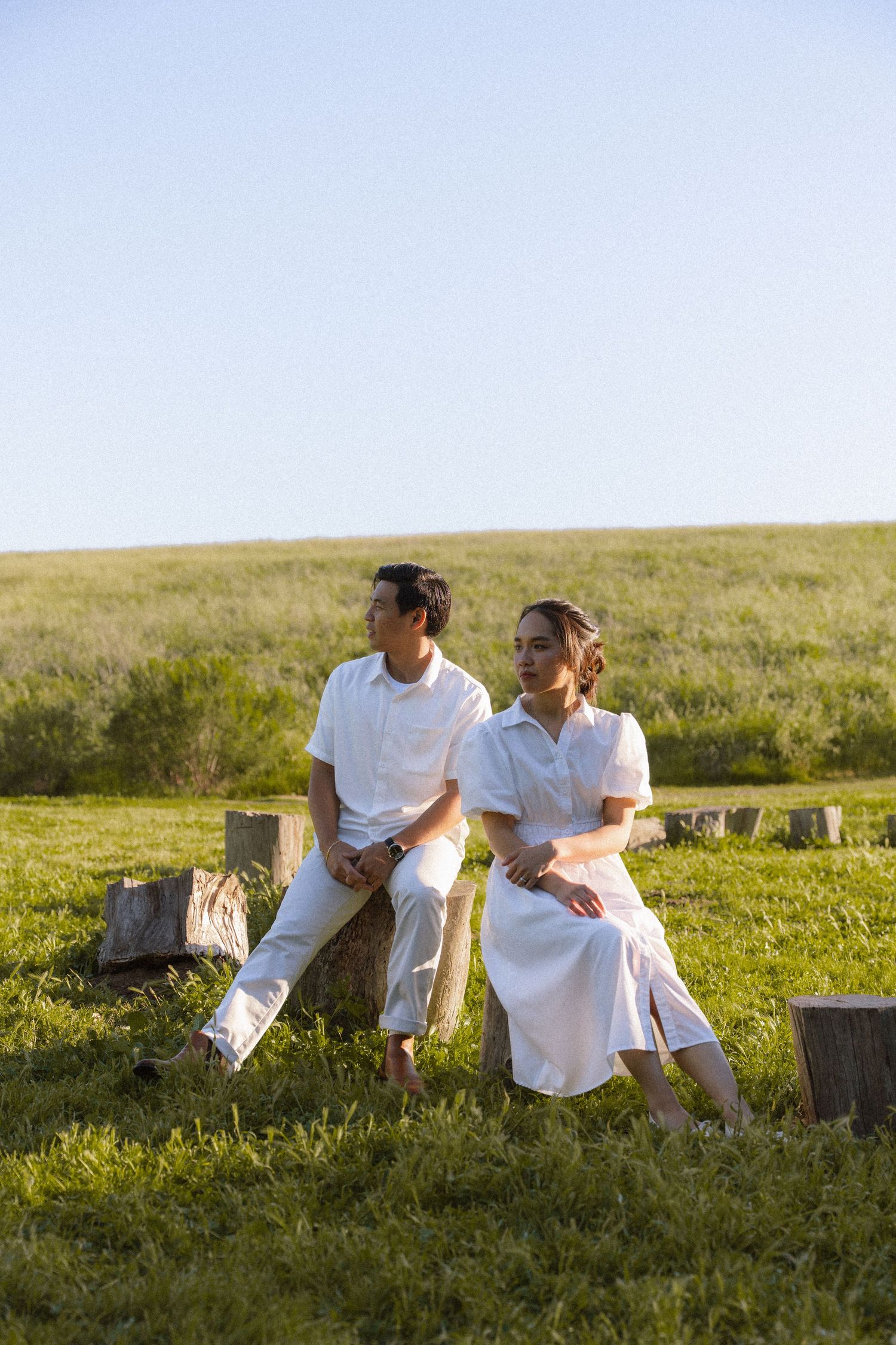 Couple in white outfits sitting on tree stumps in a green meadow under a clear blue sky.
