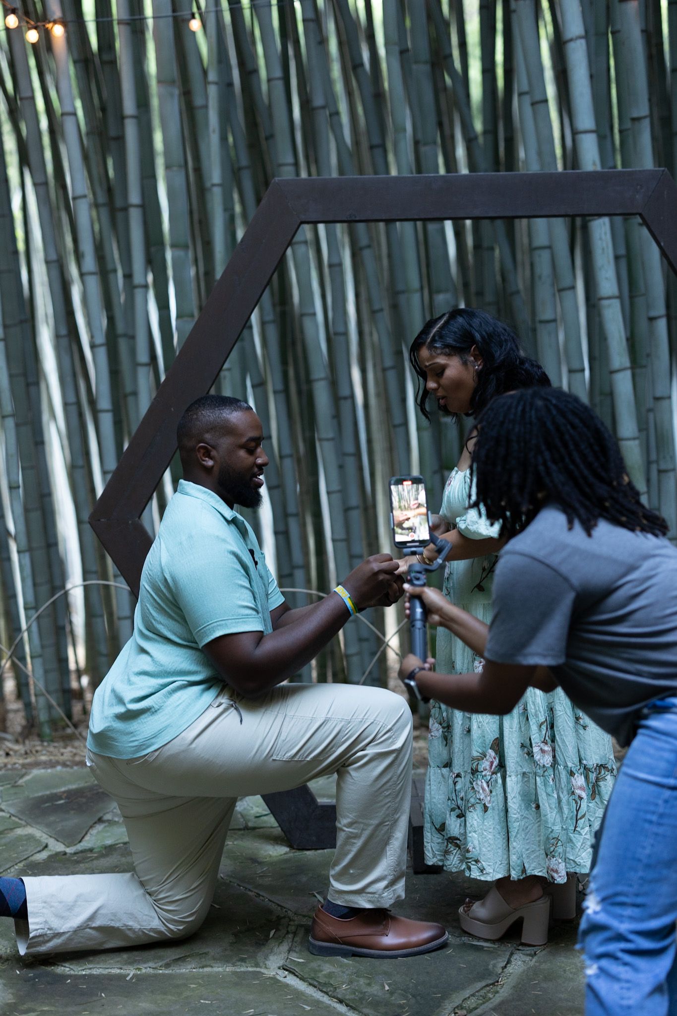 Behind-the-scenes photoshoot sequence in bamboo garden setting.