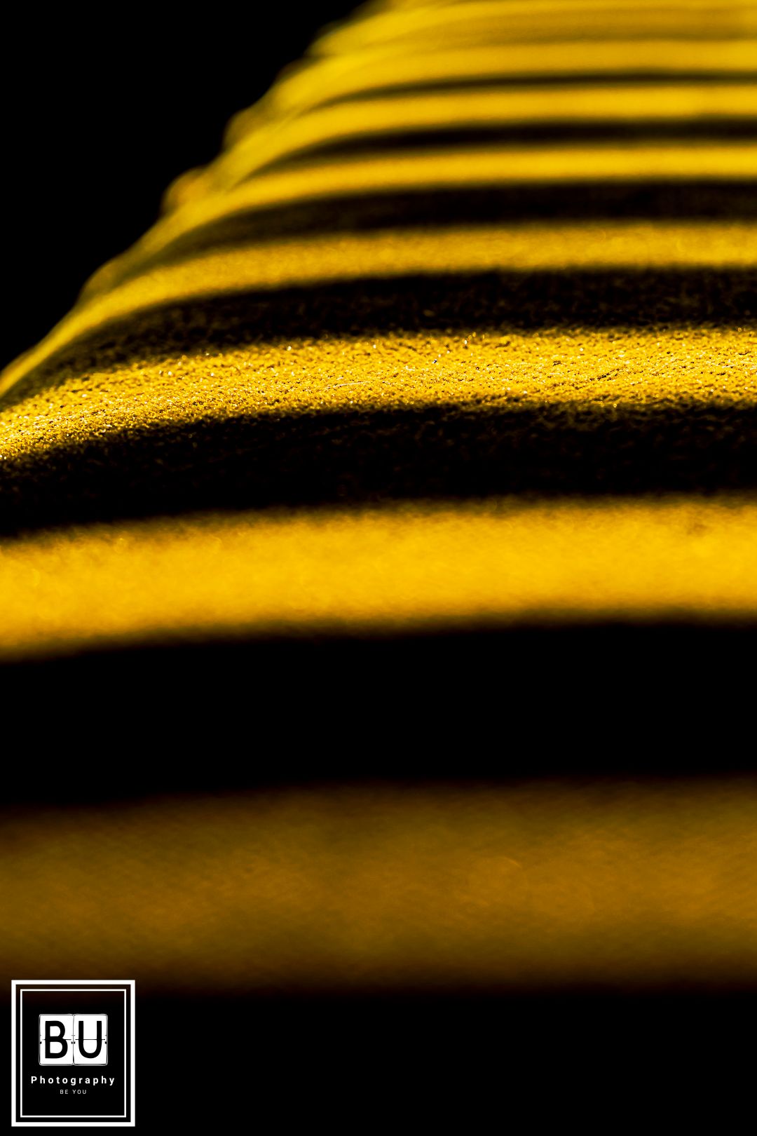 Abstract macro photograph of curved yellow lines against a black background creating a dramatic pattern.