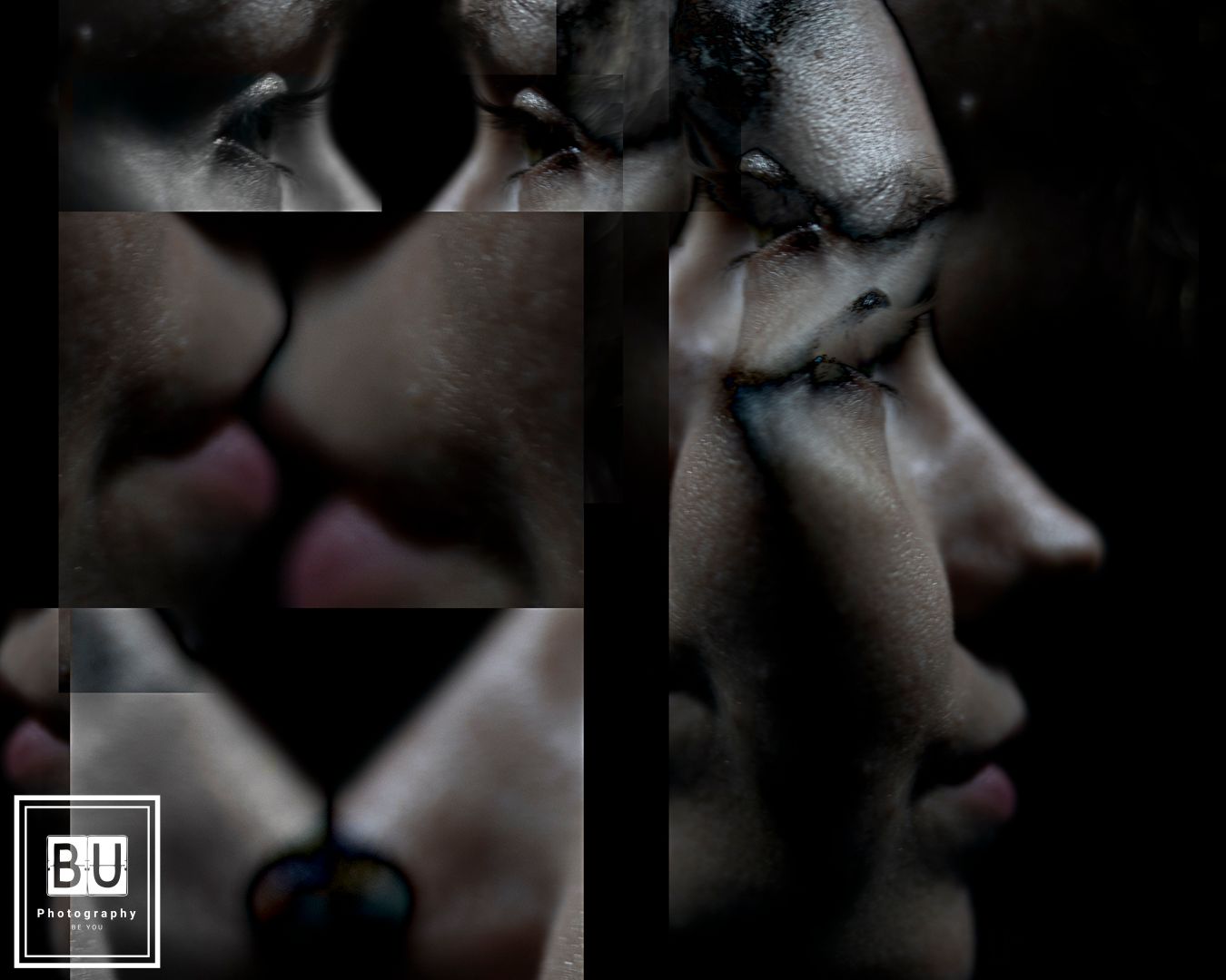 Dramatic black and white close-up portrait split into multiple panels showing side profile silhouettes in shadow.