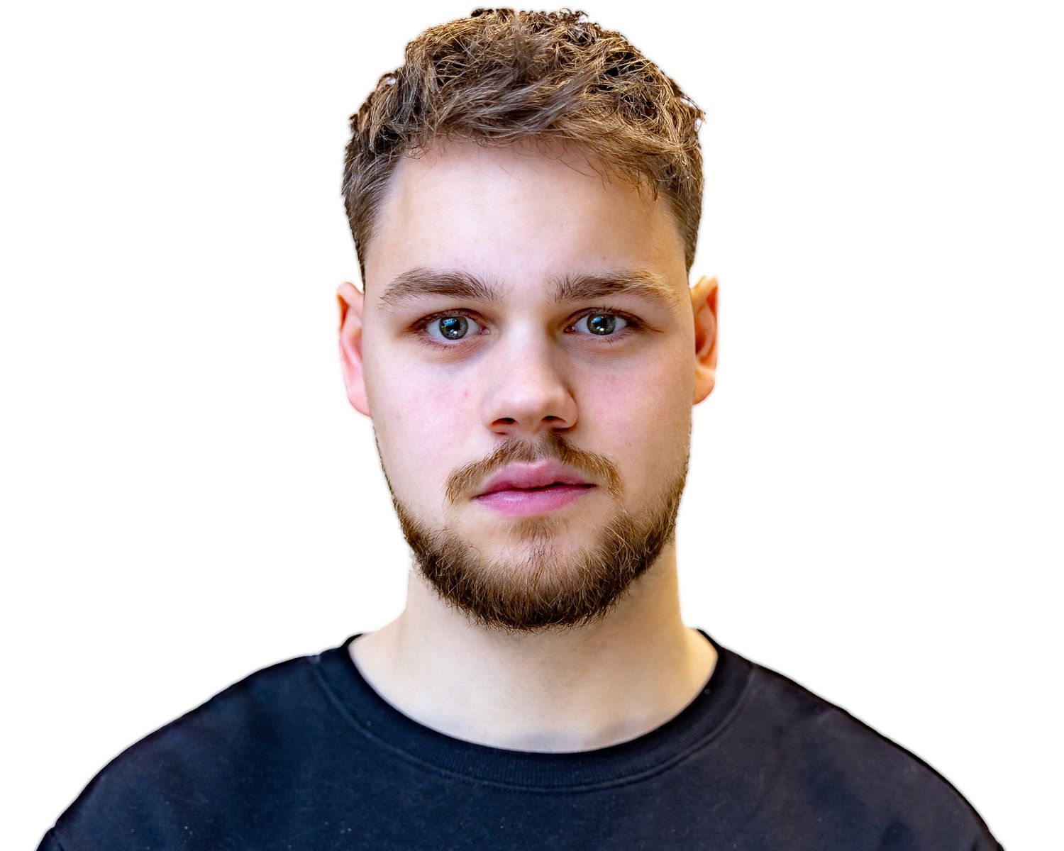 Professional headshot of a young adult with short brown hair wearing a black t-shirt against a white background.