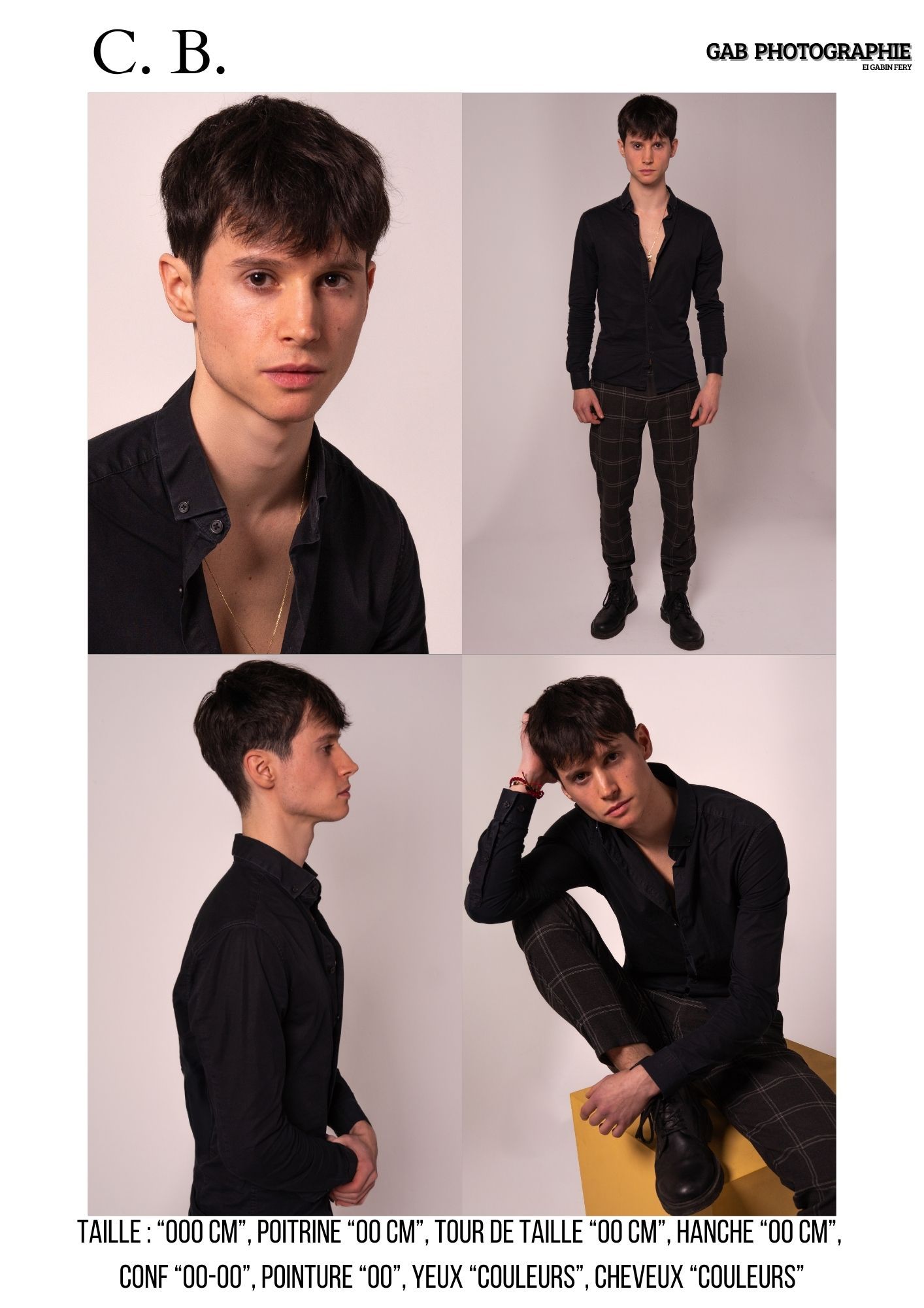 Fashion model portfolio shots showing multiple poses in black clothing against light studio backdrop.