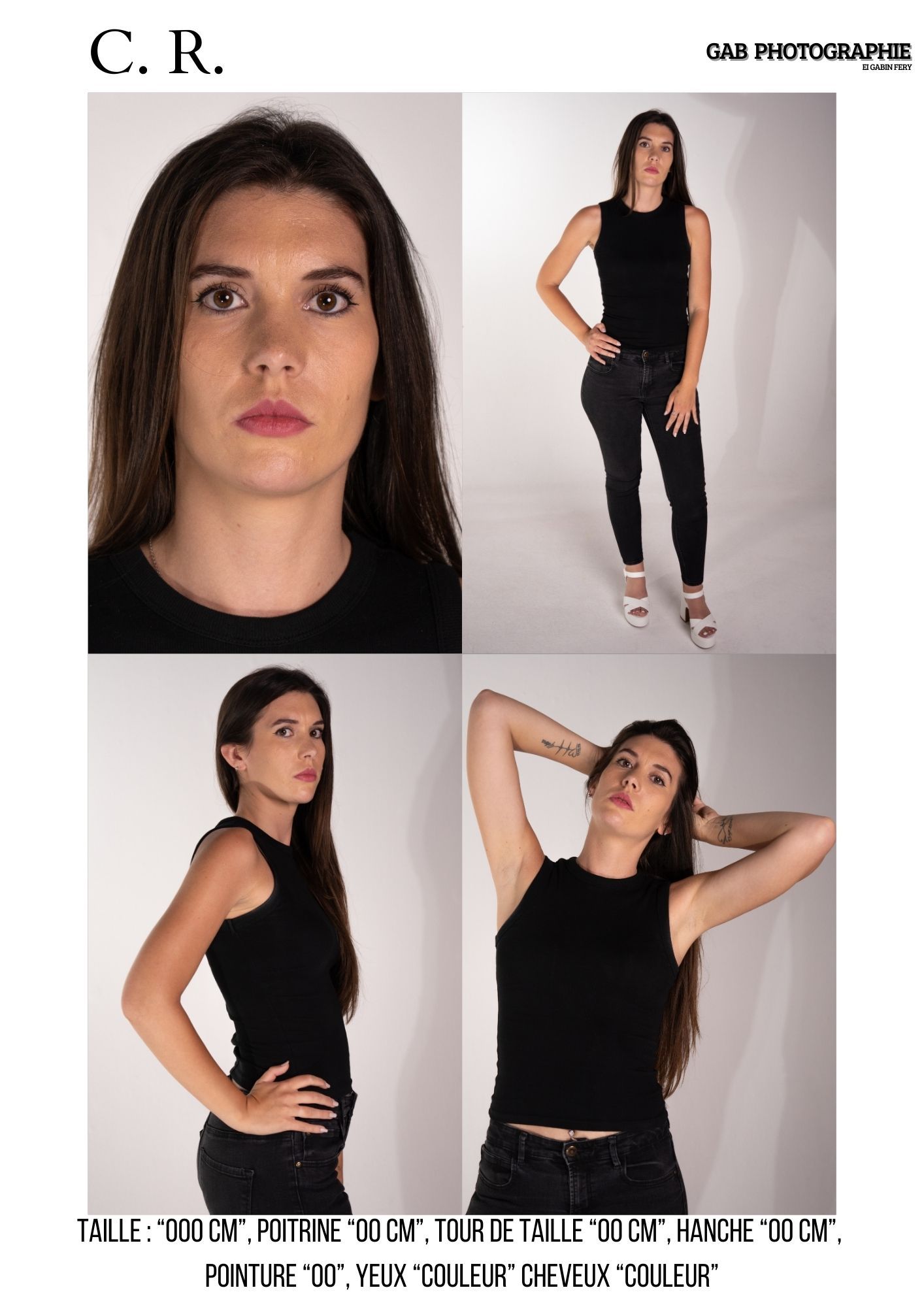 Model composite photo showing different poses in black sleeveless outfit against white studio backdrop.