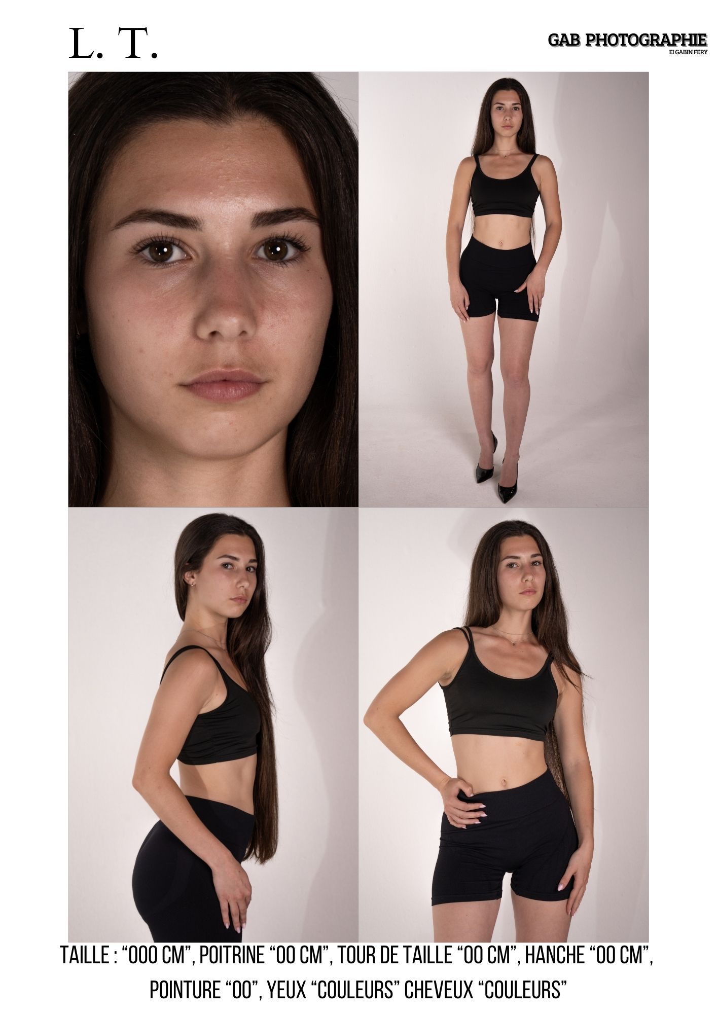 Model posing in black athletic wear against neutral background for fashion photography portfolio series.