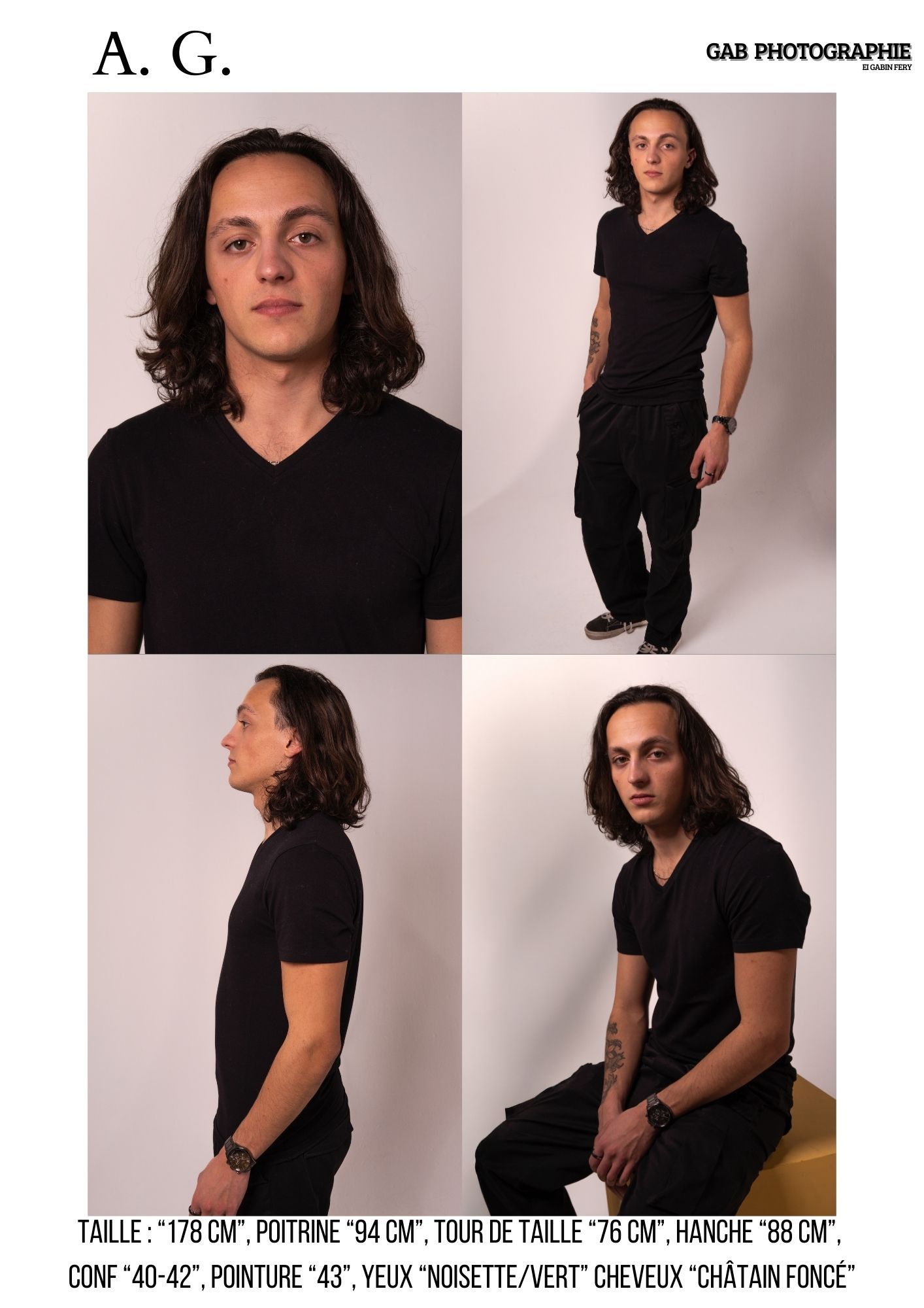 Studio photoshoot features model in black v-neck shirt and dark pants posing in various angles against white background.