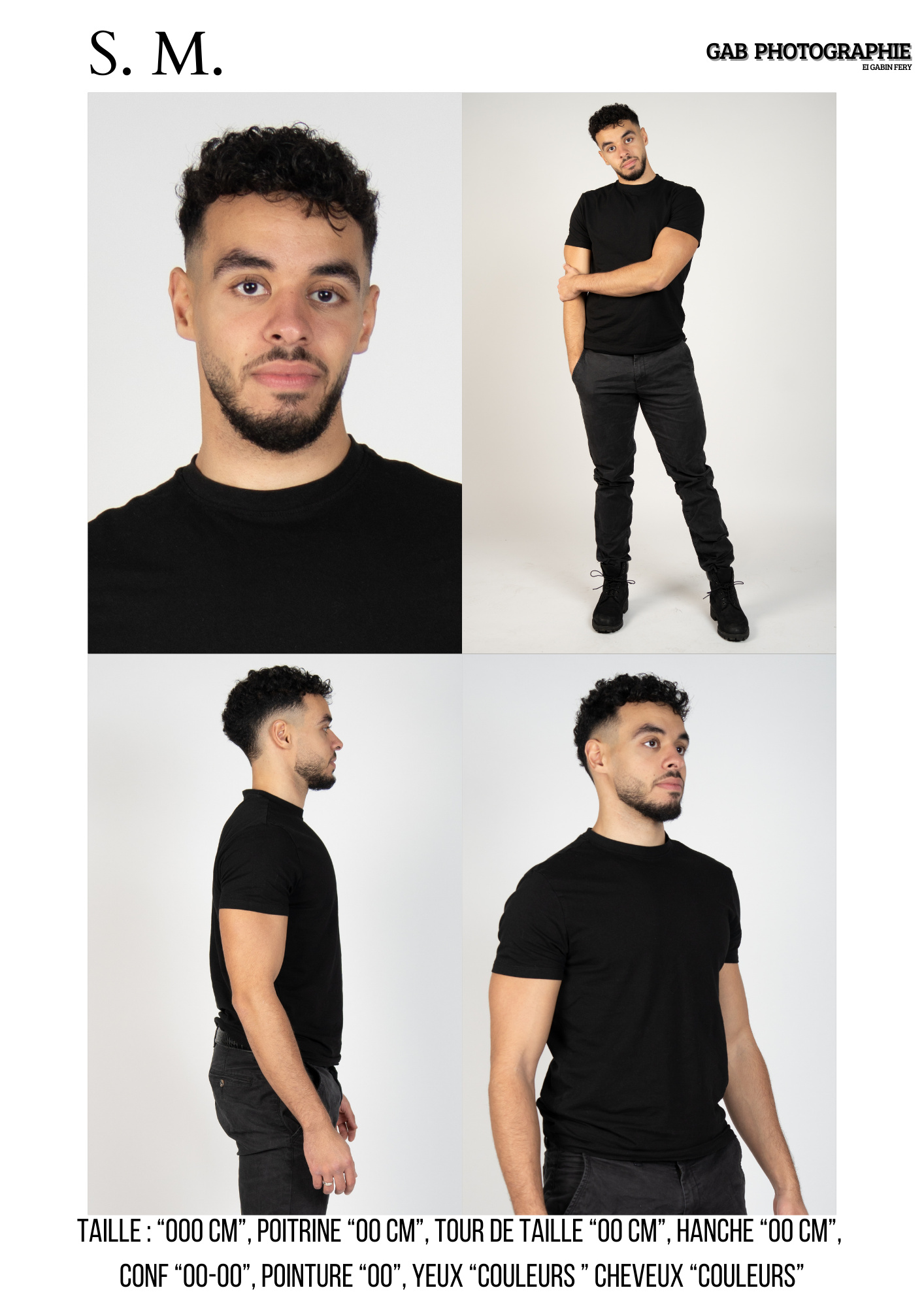 Fashion model portfolio images showing multiple angles of person in black t-shirt and dark pants against white background.