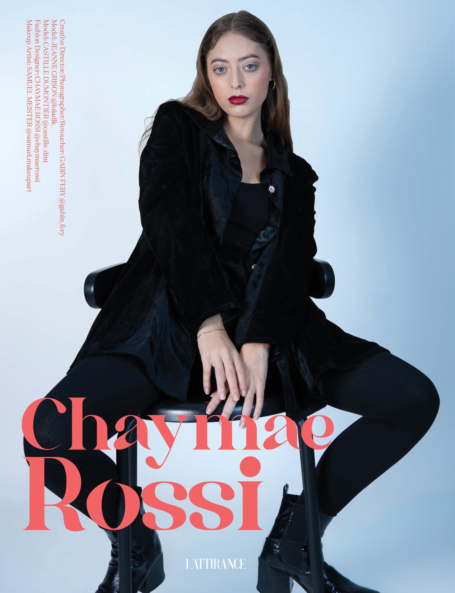 Fashion editorial cover showing model in black velvet coat for Chayinae Rossi.