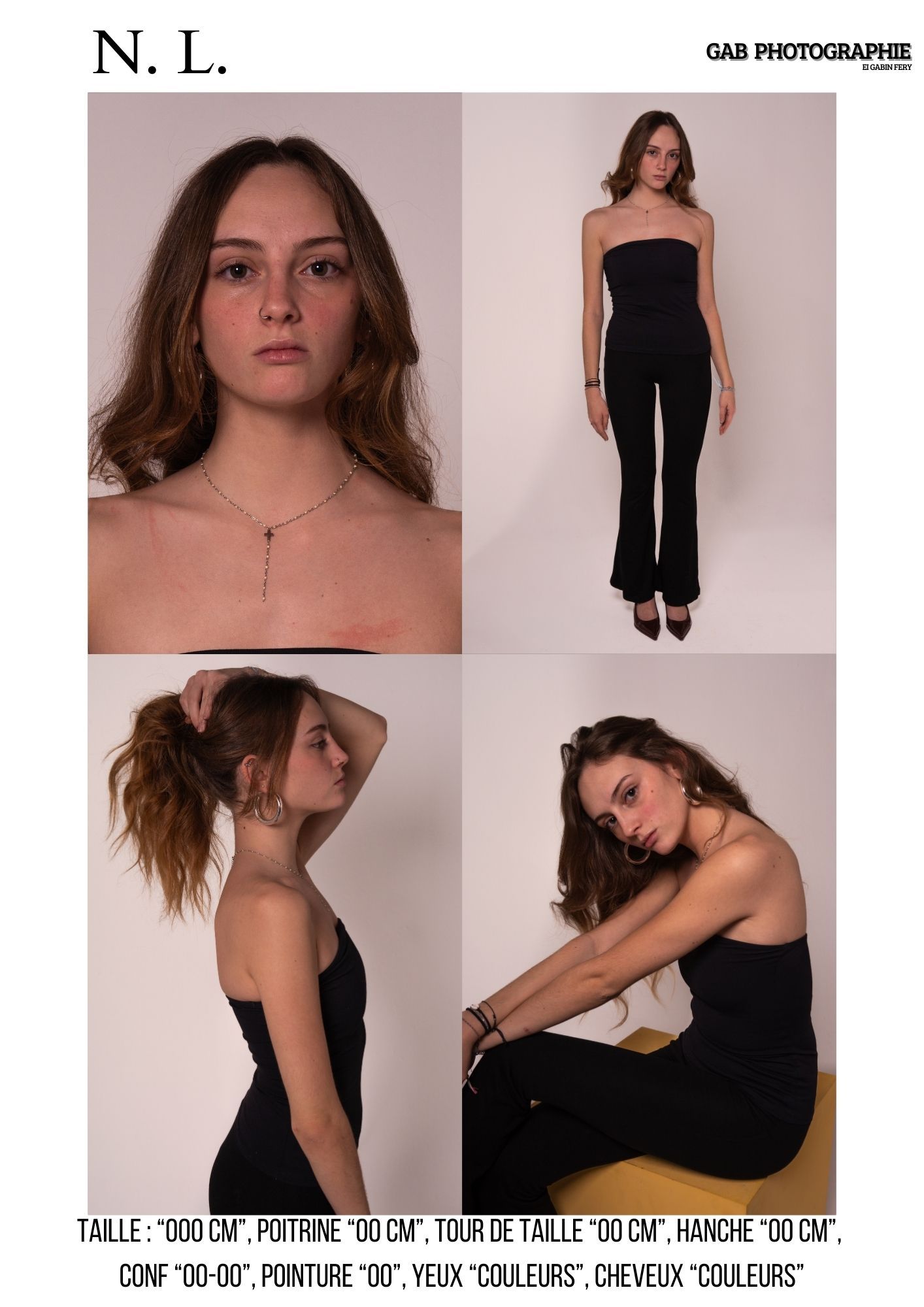 Fashion photography composition showing model in black strapless jumpsuit and various portrait poses against pink backdrop.