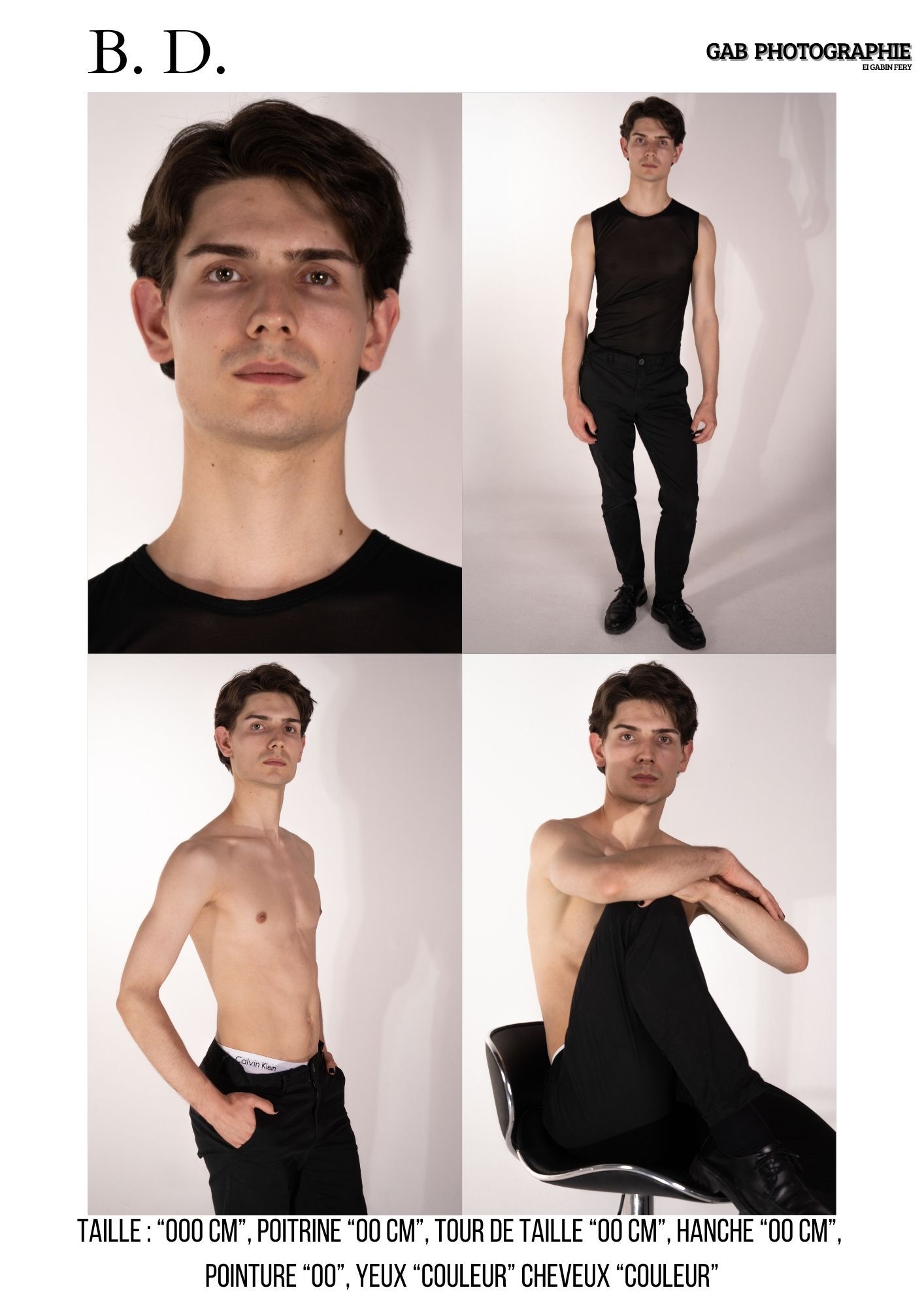 Four artistic modeling portfolio shots in studio against light background showcasing black casual attire and natural poses.