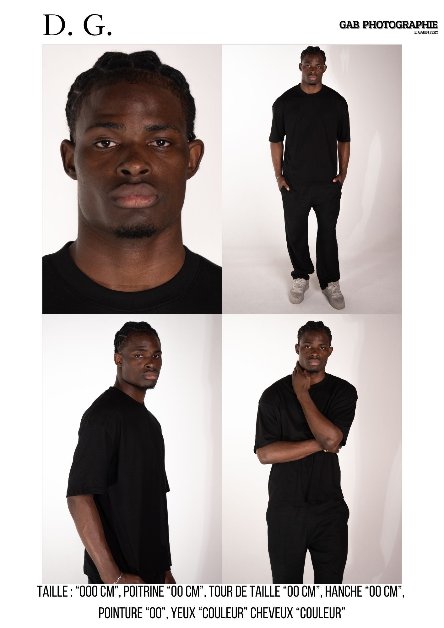 Model photo shoot against white studio backdrop showing various poses in casual black t-shirt and pants.
