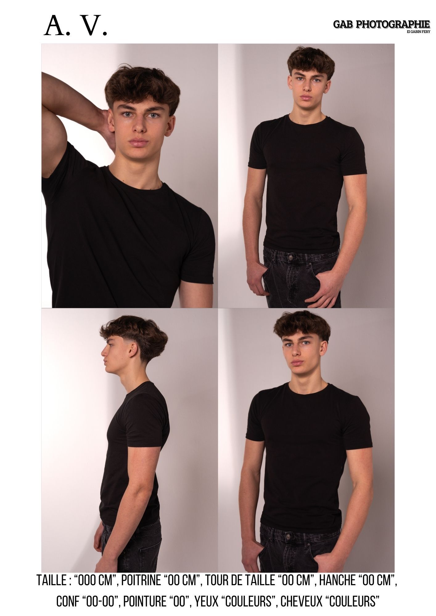 Four studio modeling shots showcase a black t-shirt and dark pants against a neutral background.