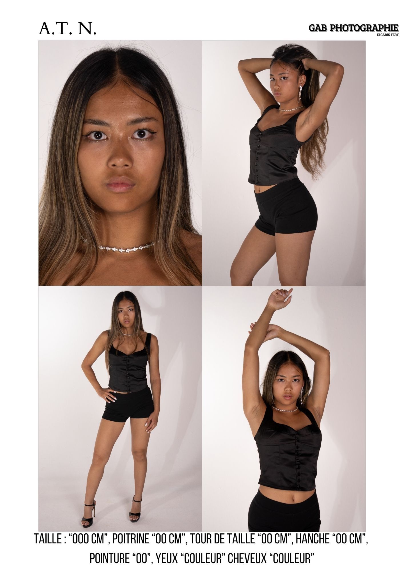 Modern modeling composite showing four dynamic poses against a plain studio background in professional lighting.