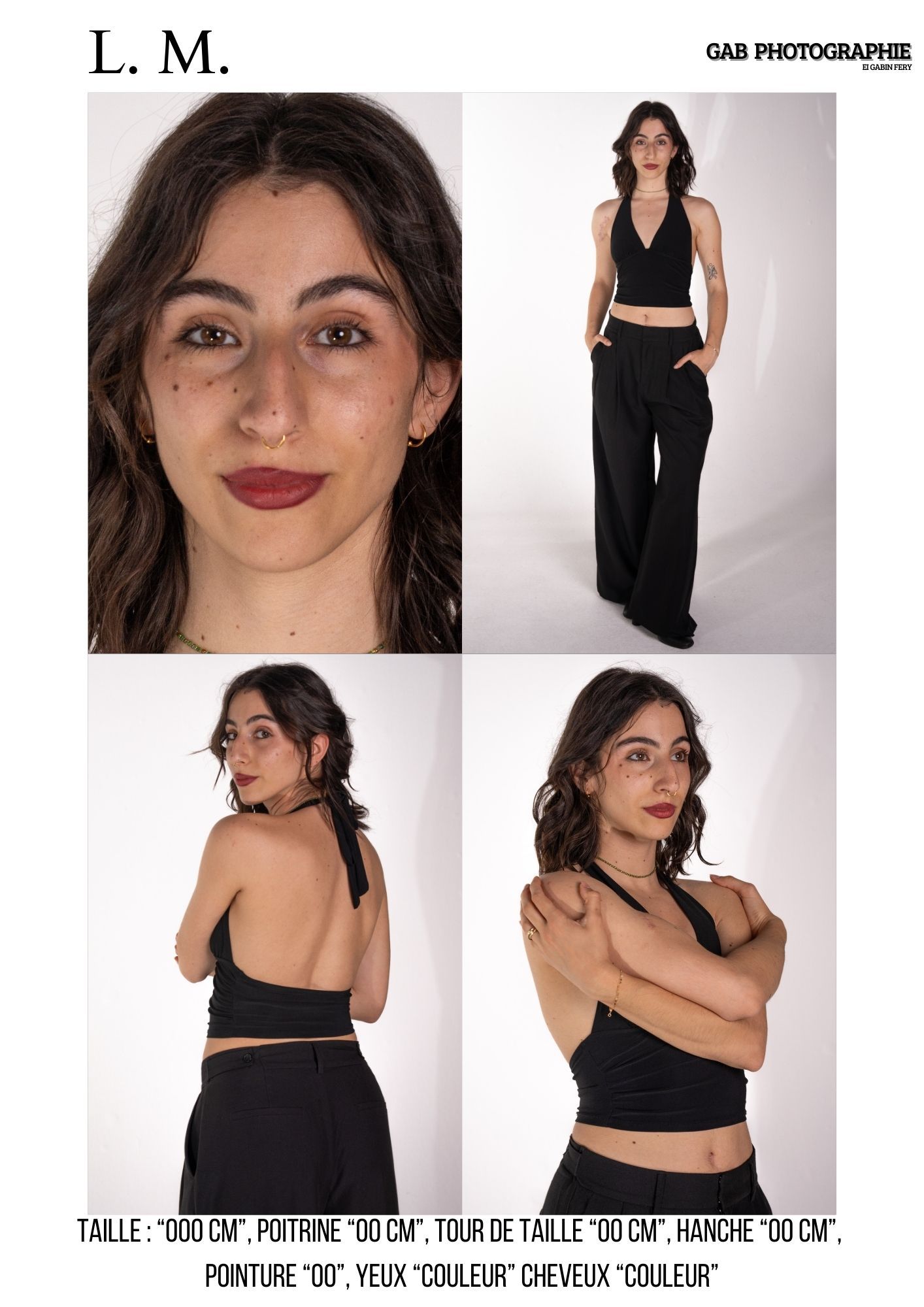 A studio photoshoot featuring portraits in black attire including a sleeveless crop top and wide-leg pants against a light background.