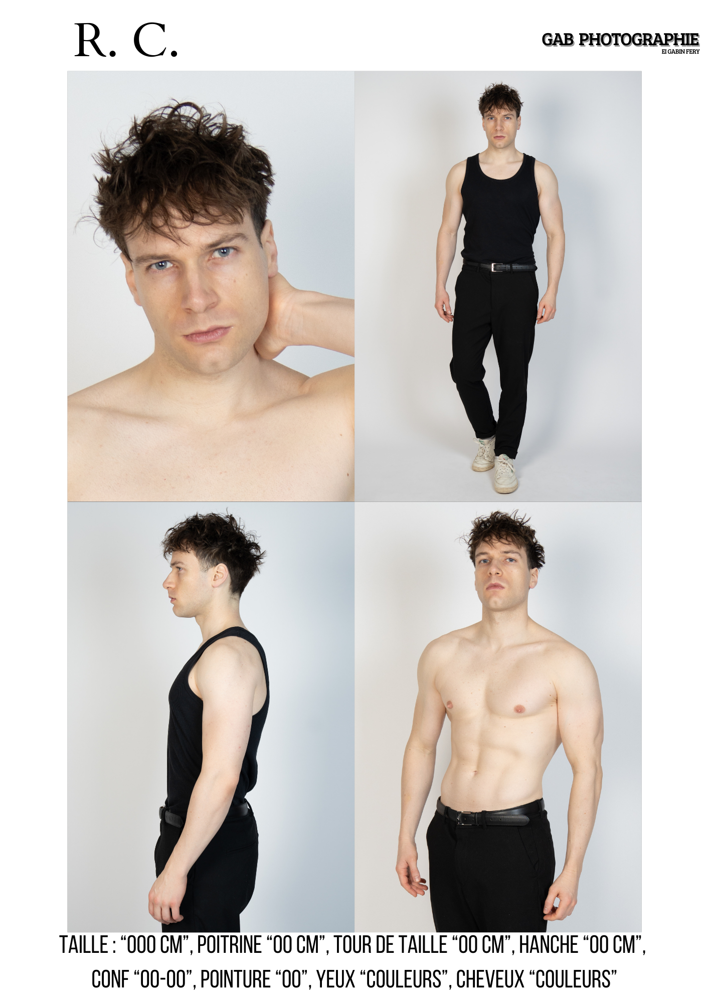 Professional modeling comp card showing four poses in black clothing against white studio backdrop, displaying measurements.