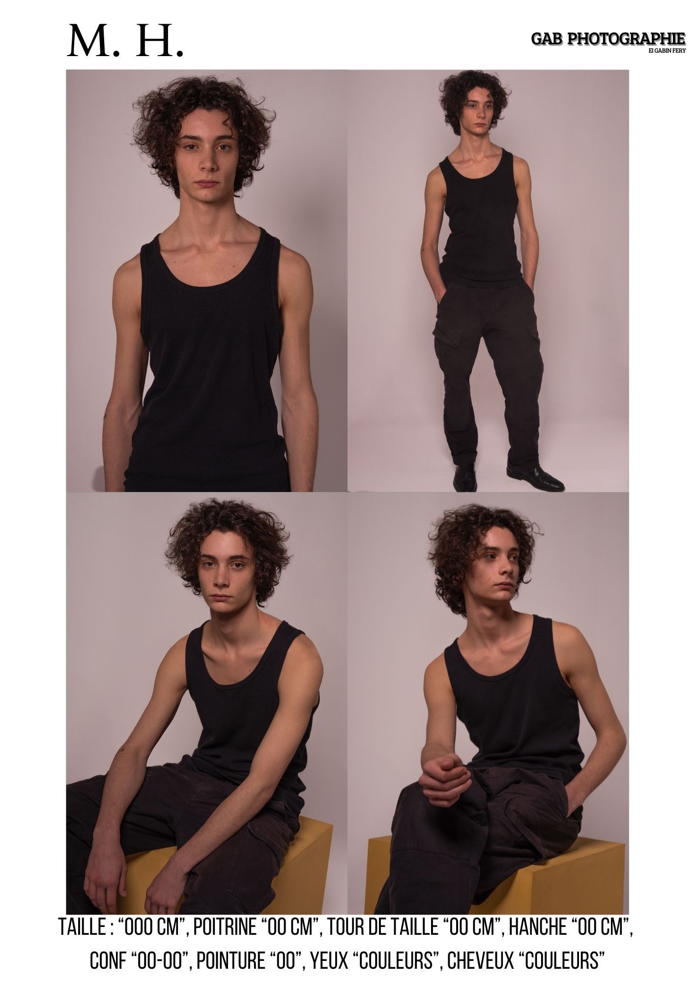 Model in black tank top and dark pants poses in four different variations against a neutral studio backdrop.