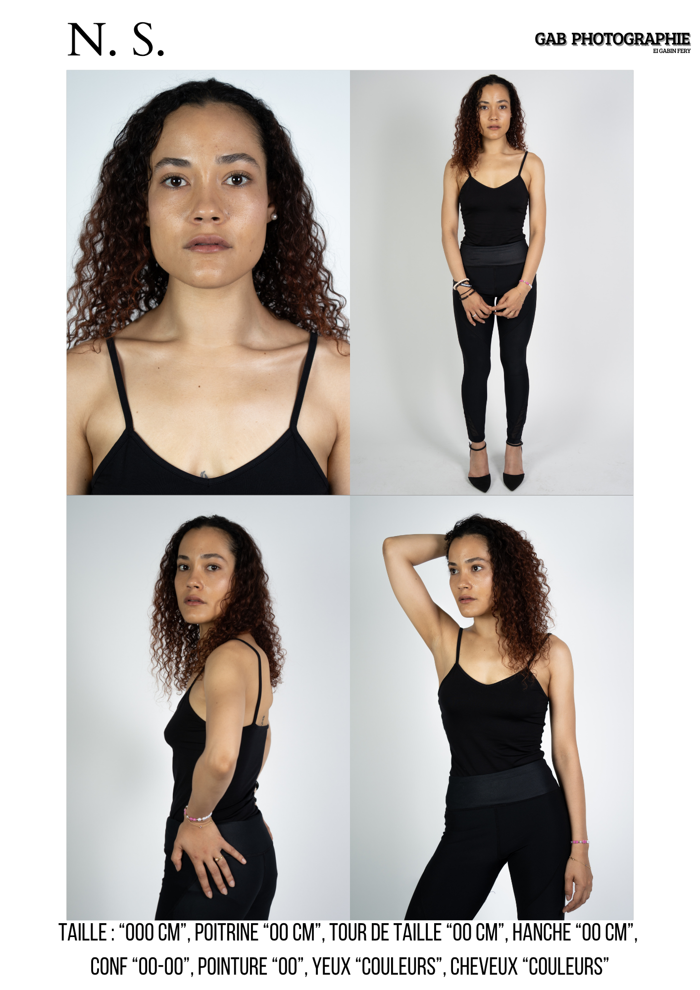 Model wearing black tank top and pants poses in four different angles against white studio background for casting photos.