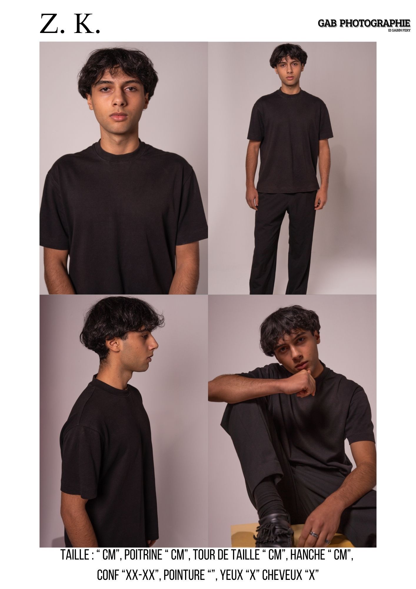 Fashion photography series on light gray background showing model in black t-shirt and pants from multiple angles and poses.
