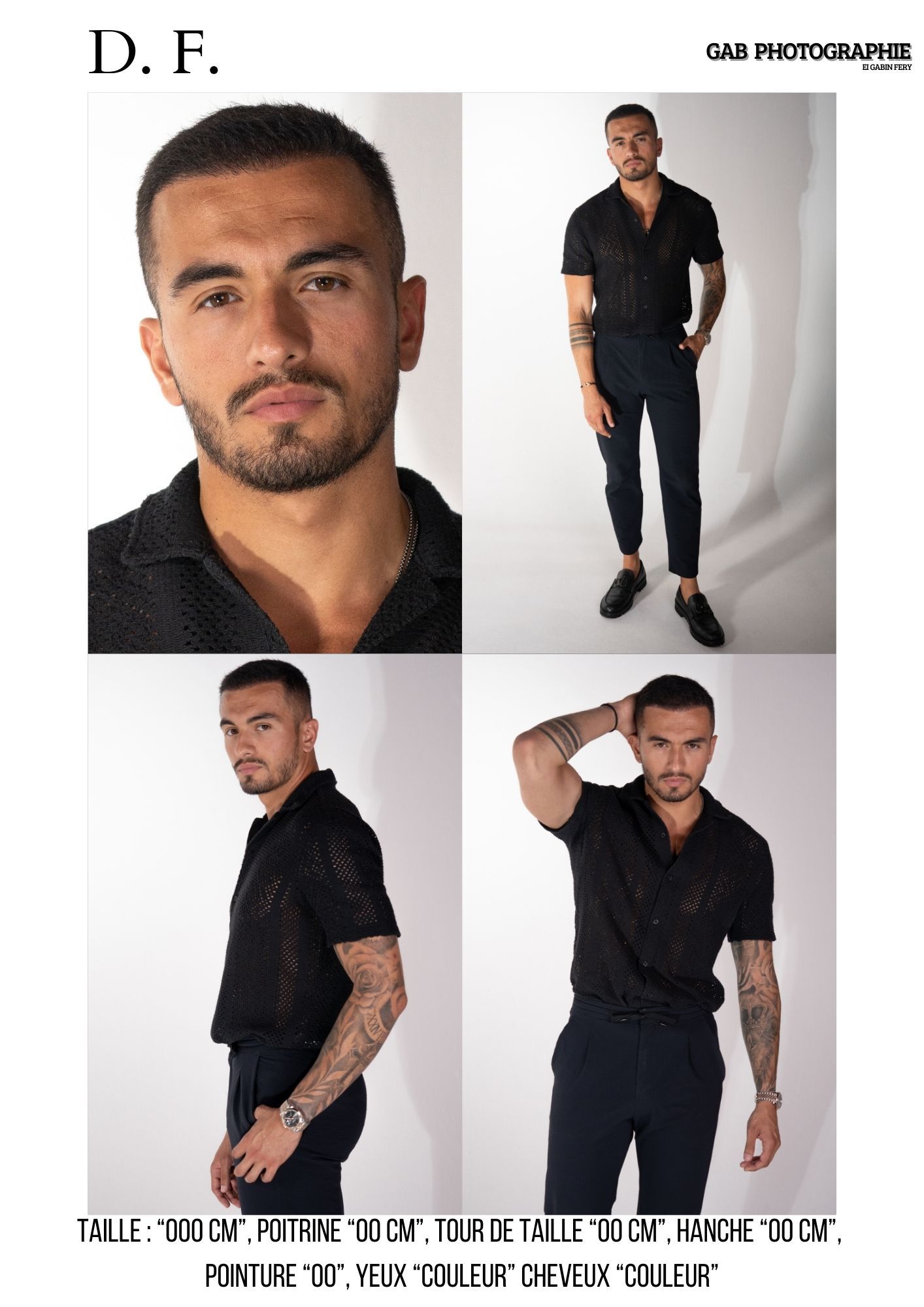 Professional studio fashion photography series showing various poses of a model wearing a black button-down shirt and dark pants.