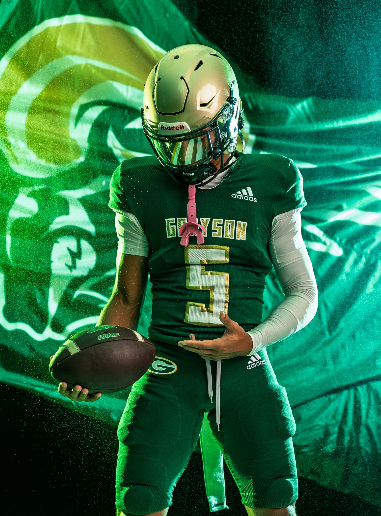 A collage of football players in green uniforms celebrating victories against dramatic green lighting.