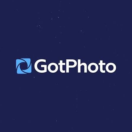 GotPhoto logo featuring a blue camera aperture icon next to bold white text on a dark navy background.