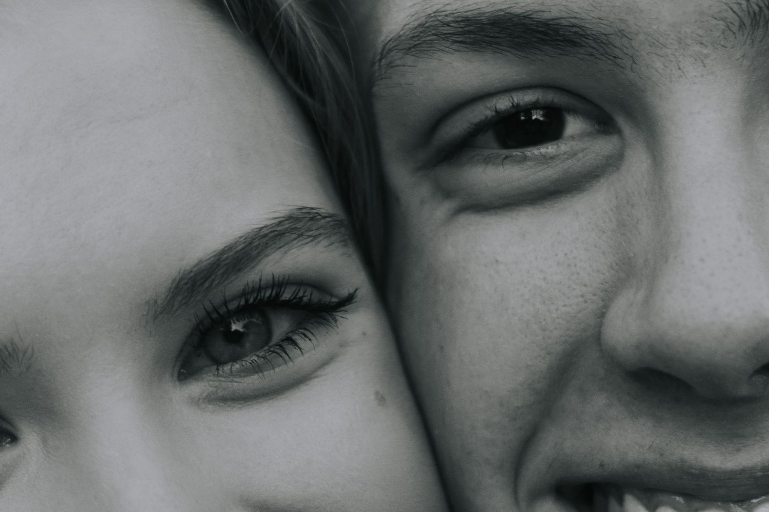 A series of close-up black and white photographs showing partial facial features and expressions.