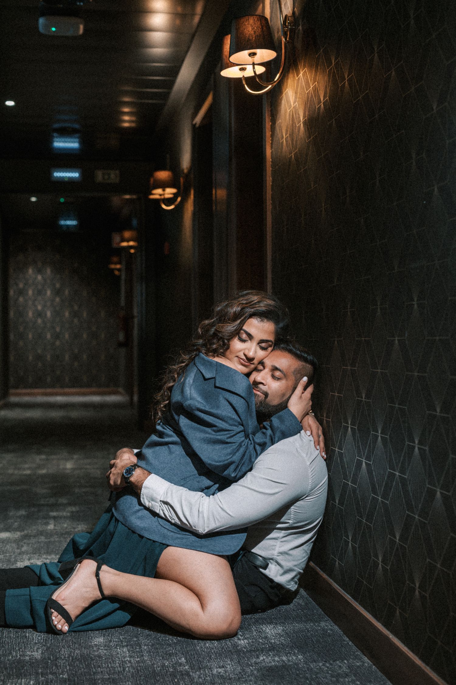 Intimate couple moments at Maxime Hotel in Lisbon during Indian engagement photo session