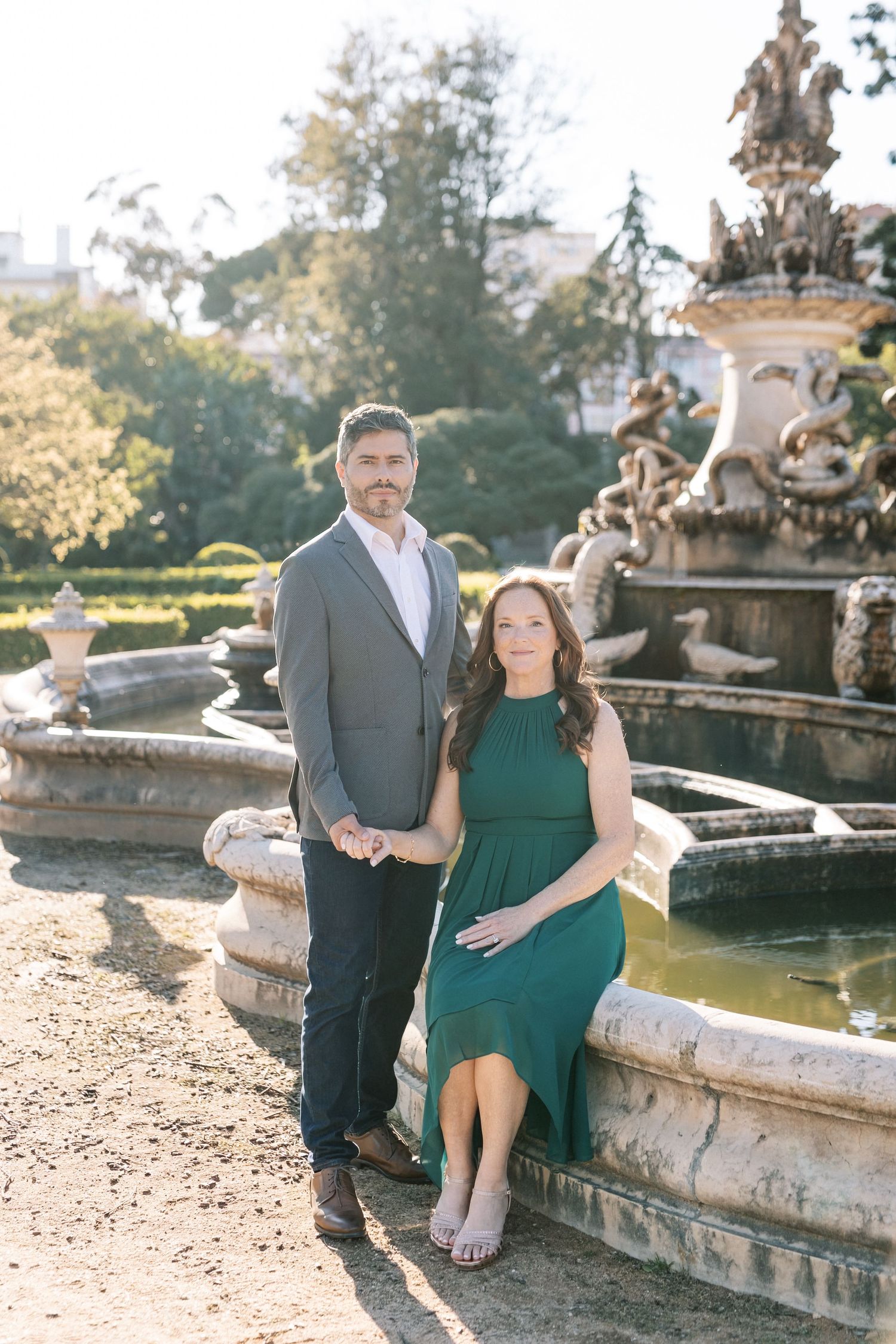 Couple portrait Vandelli Botanical Garden fountain Lisbon
