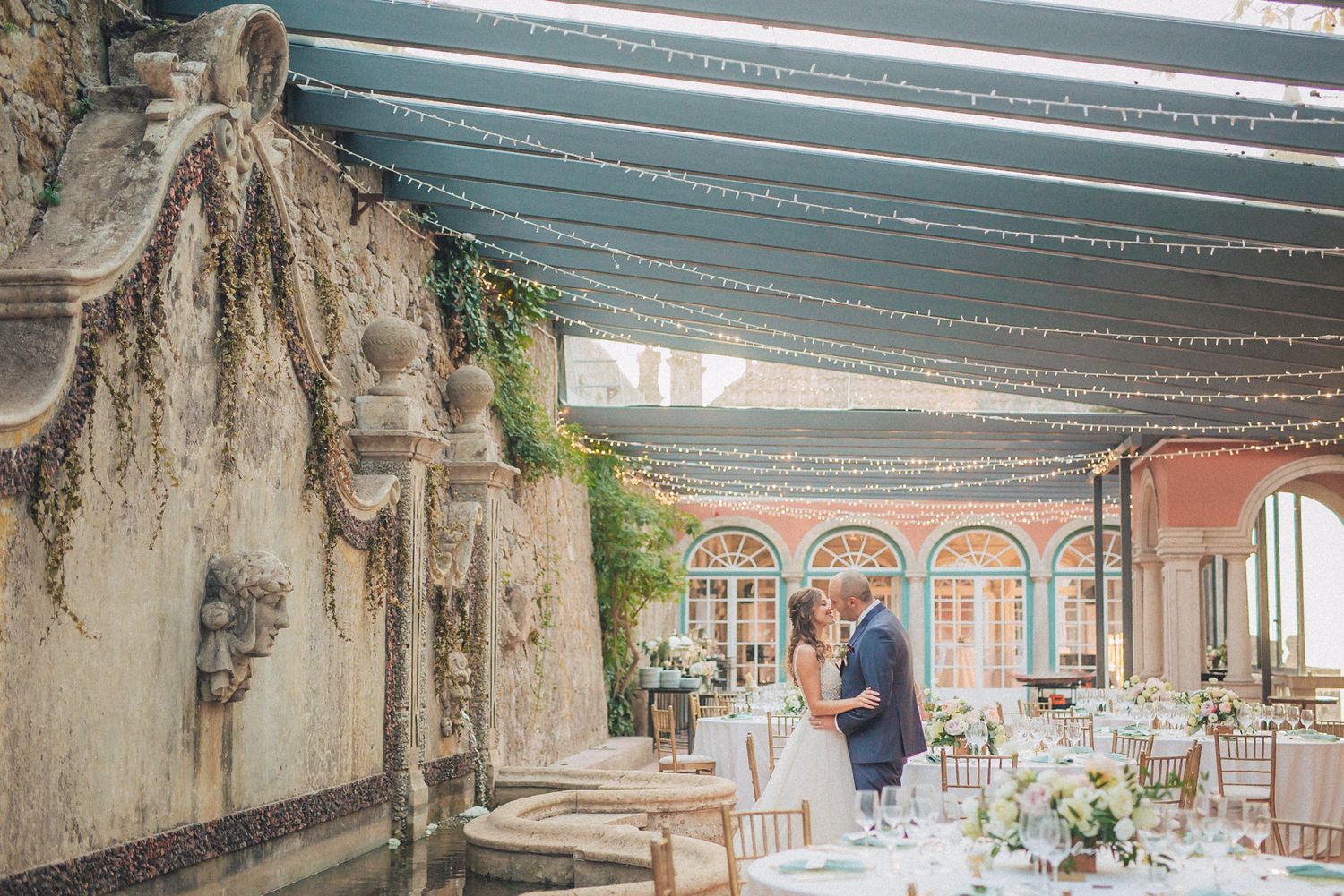 Romantic outdoor wedding reception setup at casa dos Penedos in Sintra. captured by a Lisbon wedding photographer.